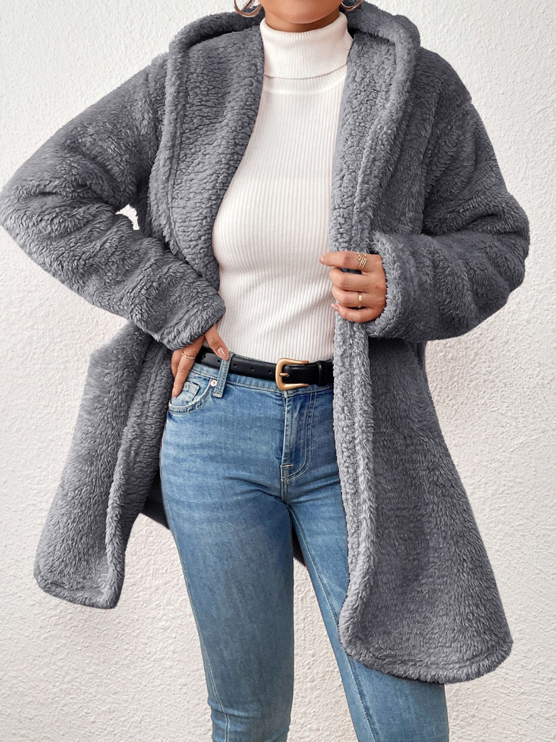 Casaco teddy pelucia com capuz bolsos reversível importado,A366