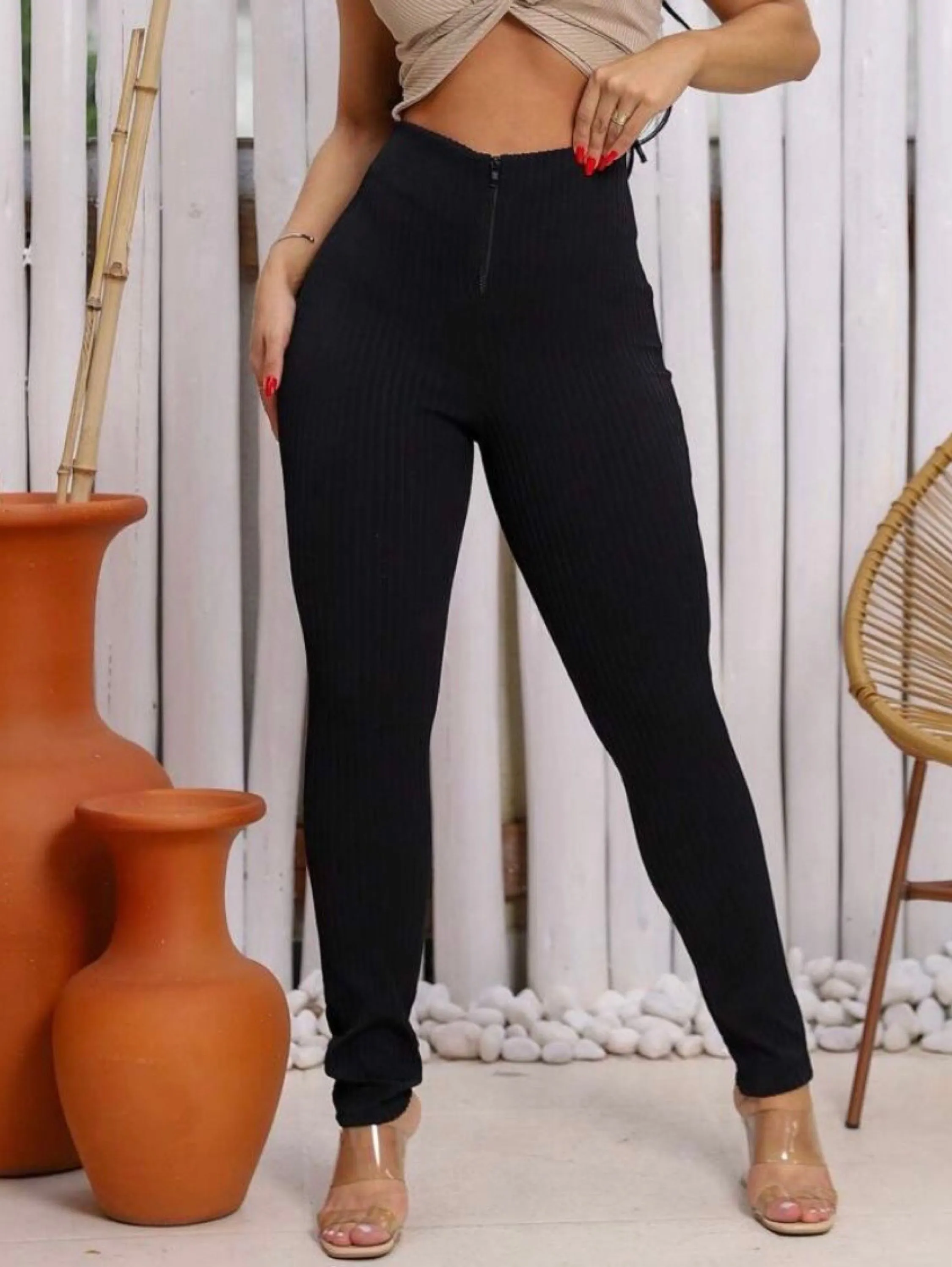 Calça feminina cintura alta no canelado 3D premium fashion