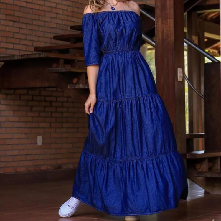 Vestido ciganinha jeans moda blogueira luxo