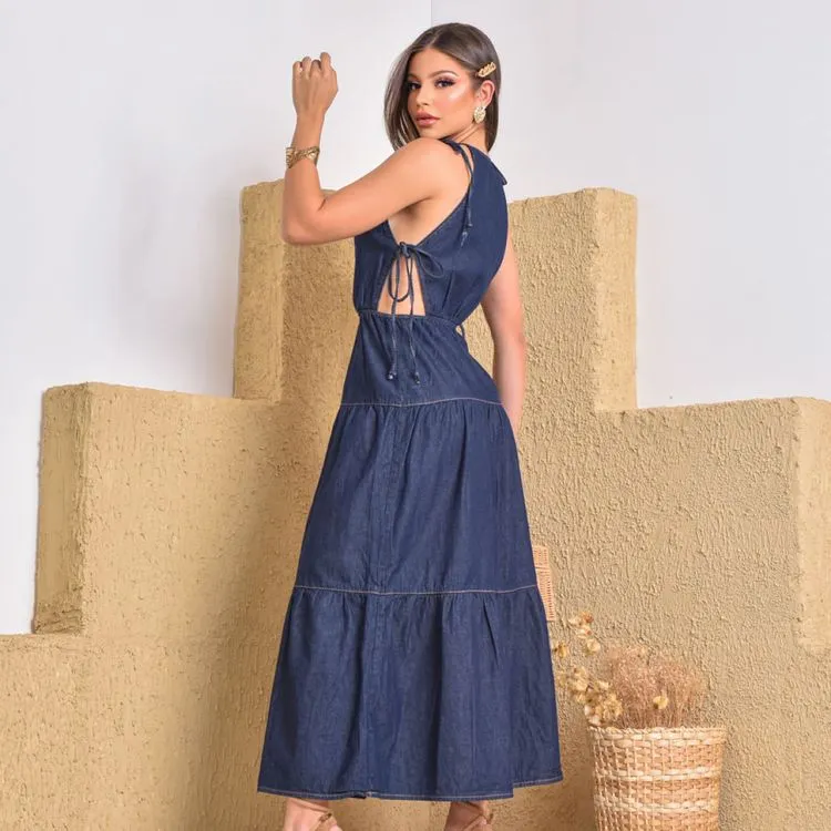 Vestido Longo Jeans Moda Blogueira Premium