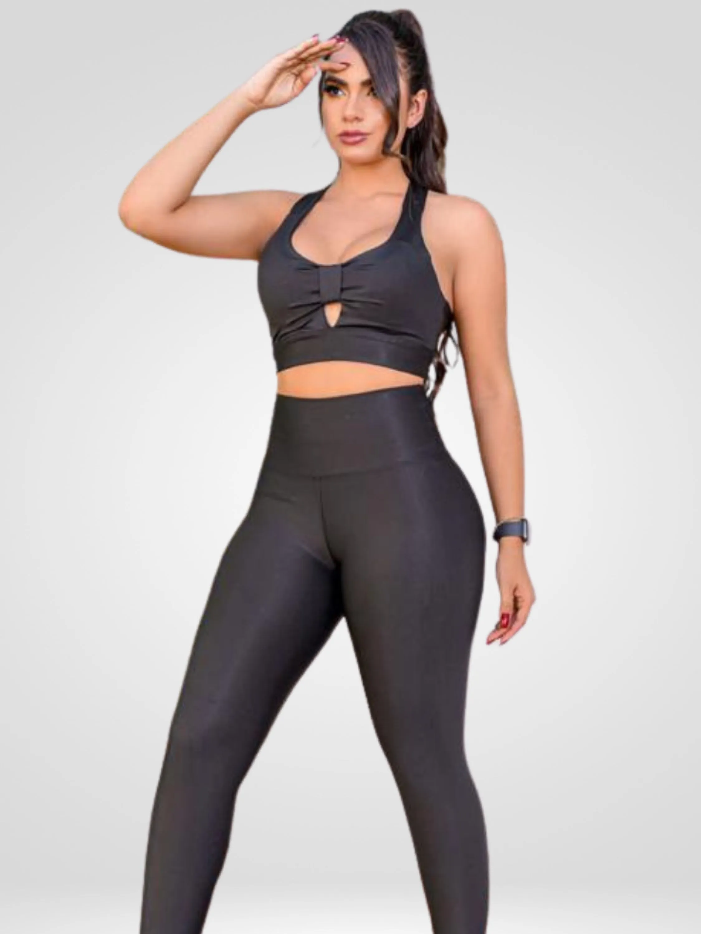 Conjunto feminino fitness top e calça cós alto zero transparência