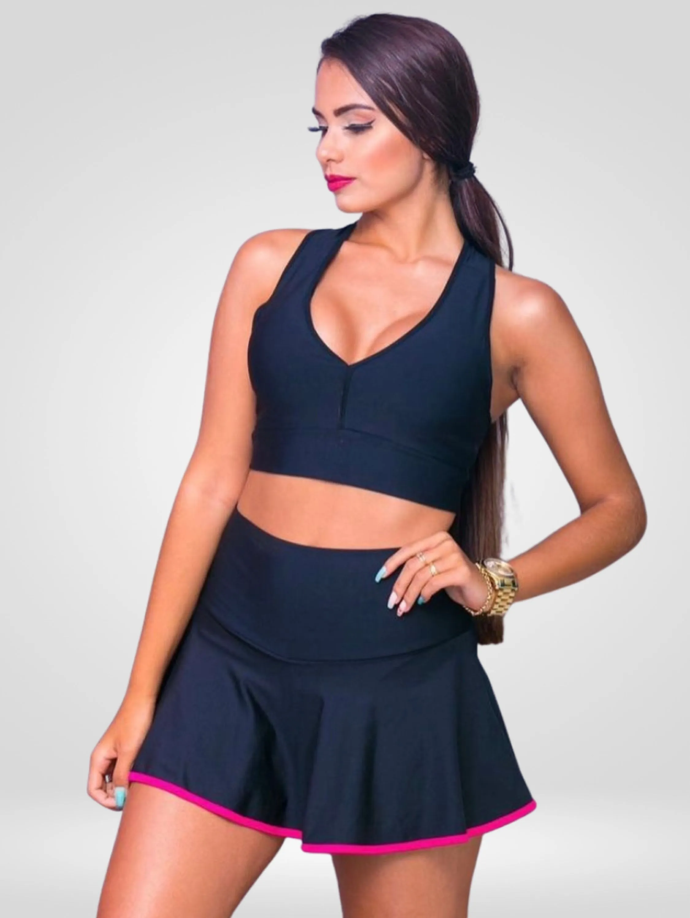 Conjunto feminino fitness short saia cós grosso liso e top