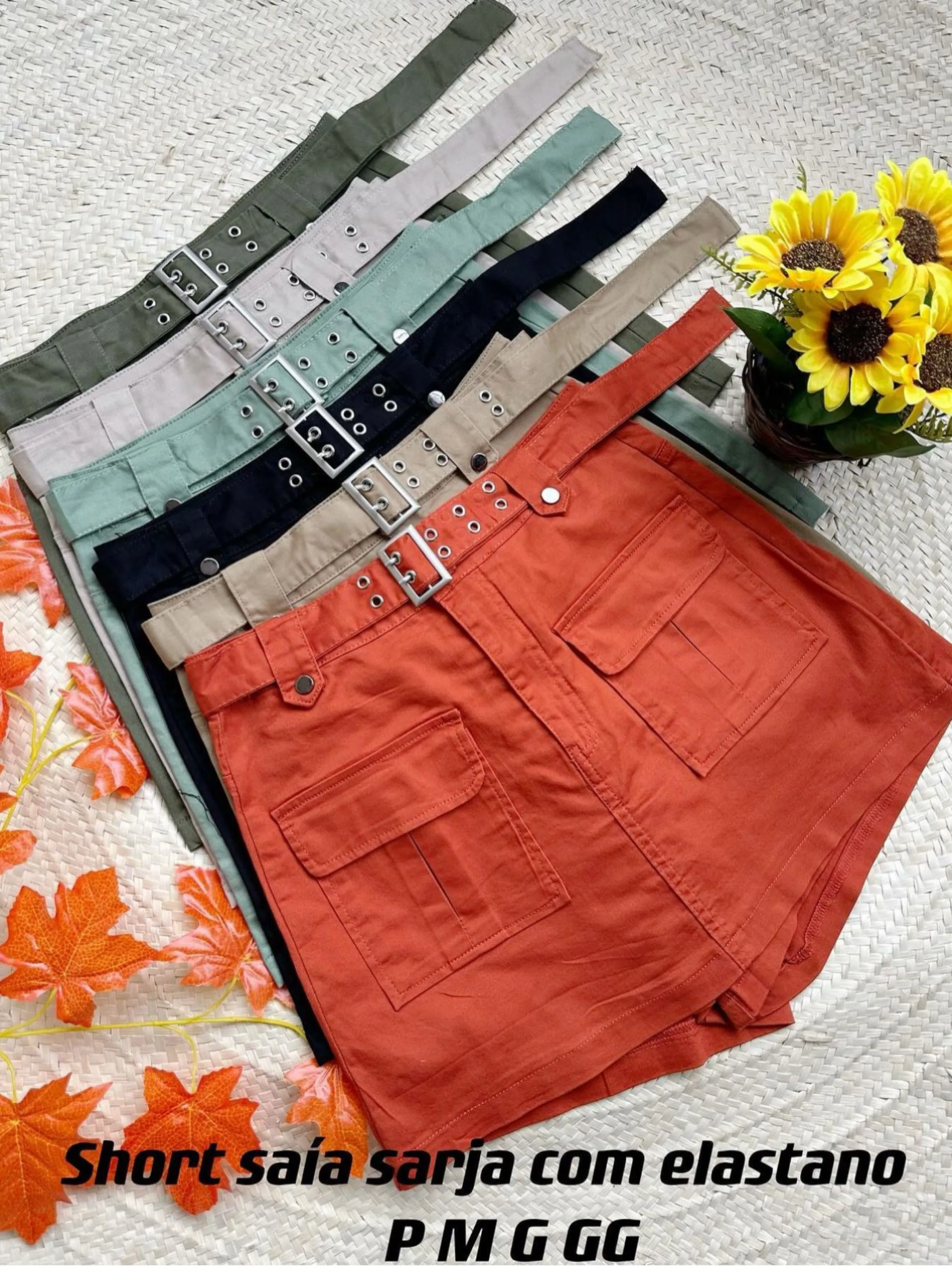 Short saia cargo tecido sarja com elastano Flora 820