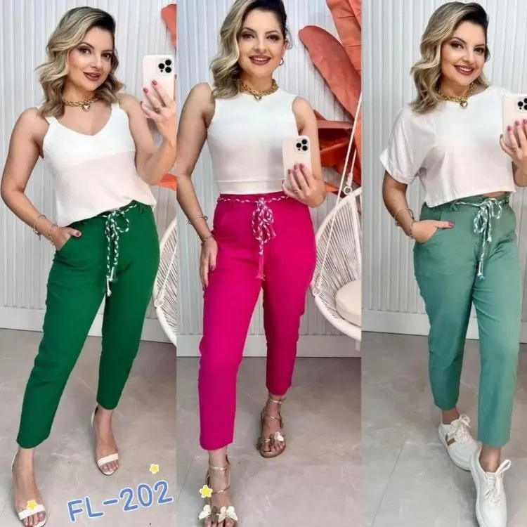 Calça de linho com elastano trança colorido Flora 391