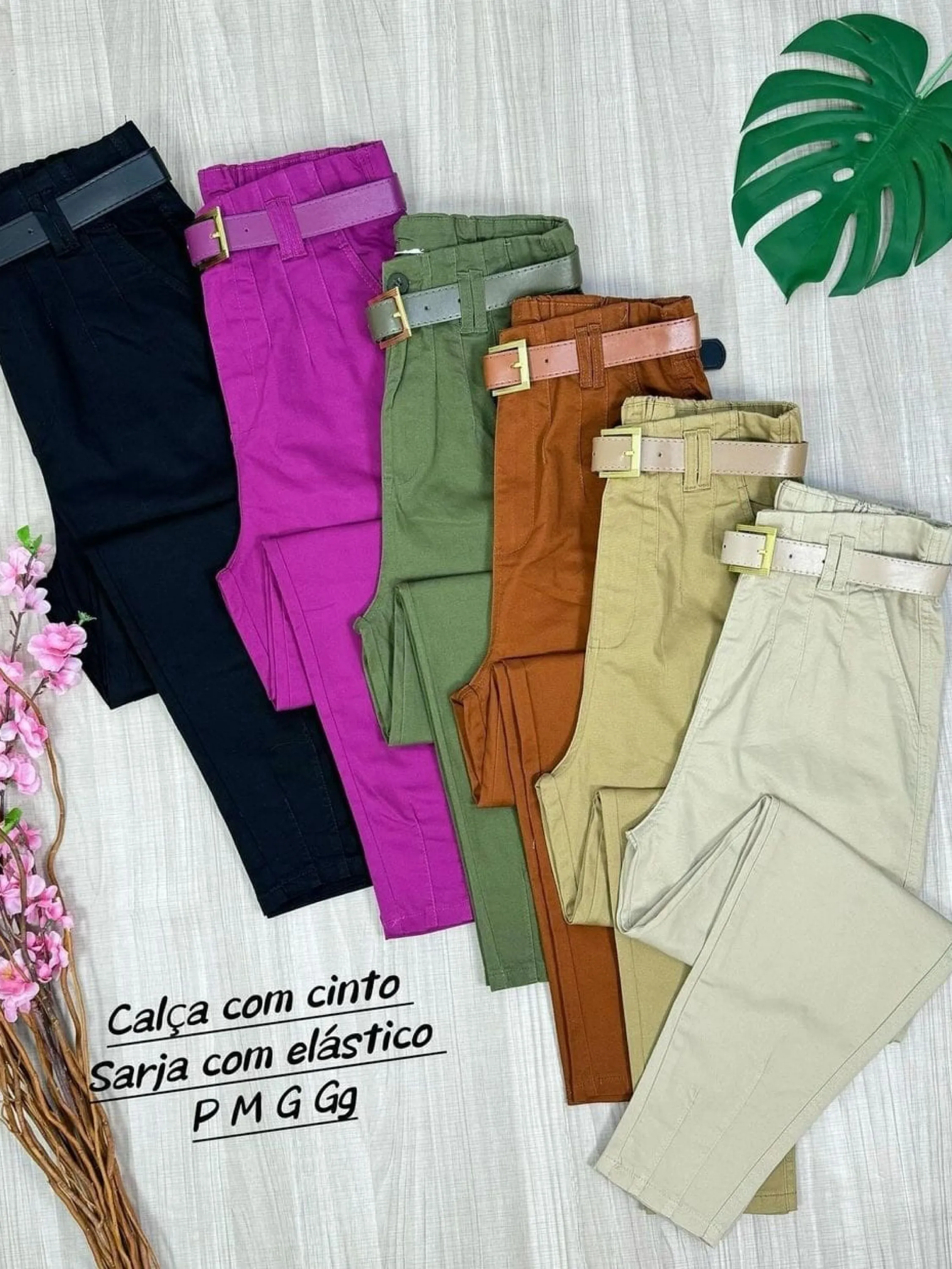 Calça de sarja com elástico com cinto Flora FL-2081