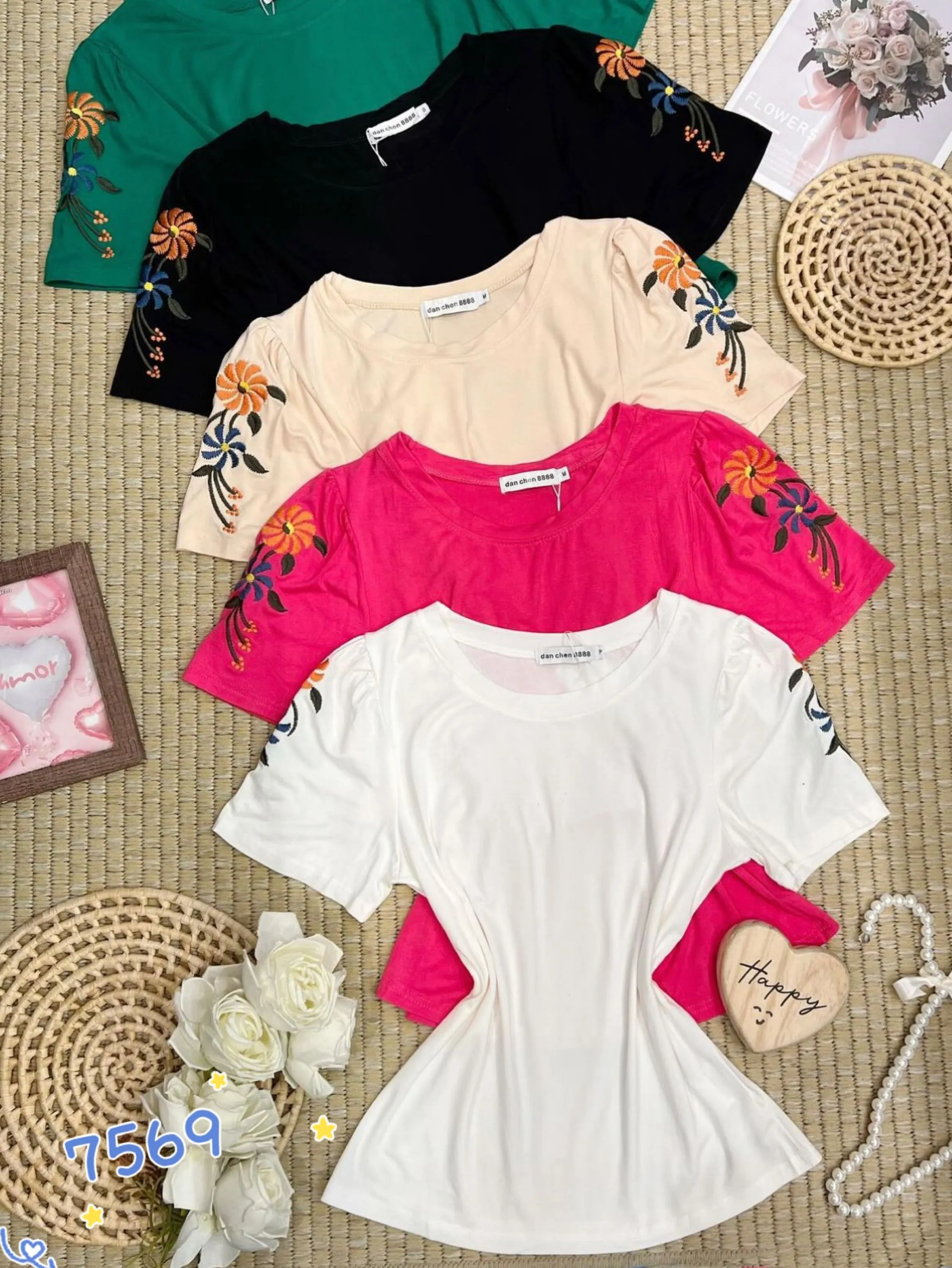 Blusa T-shirts algodão manga bordado Flora FL-7569