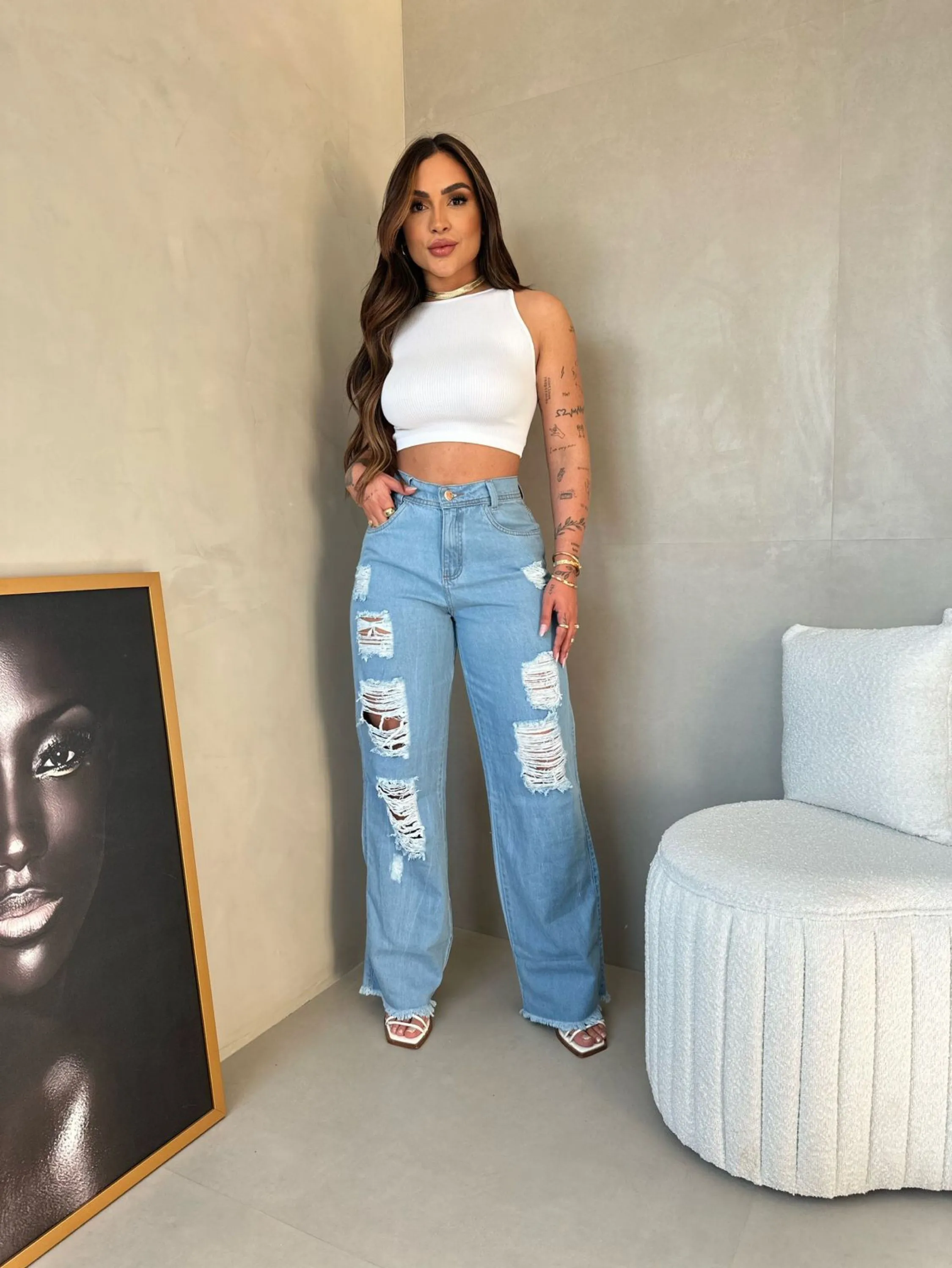 Calça Jeans Wide Leg Destroyed