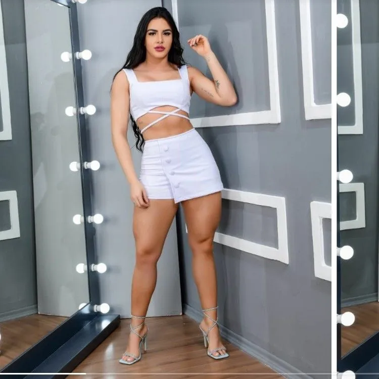 Conjunto short saia botão