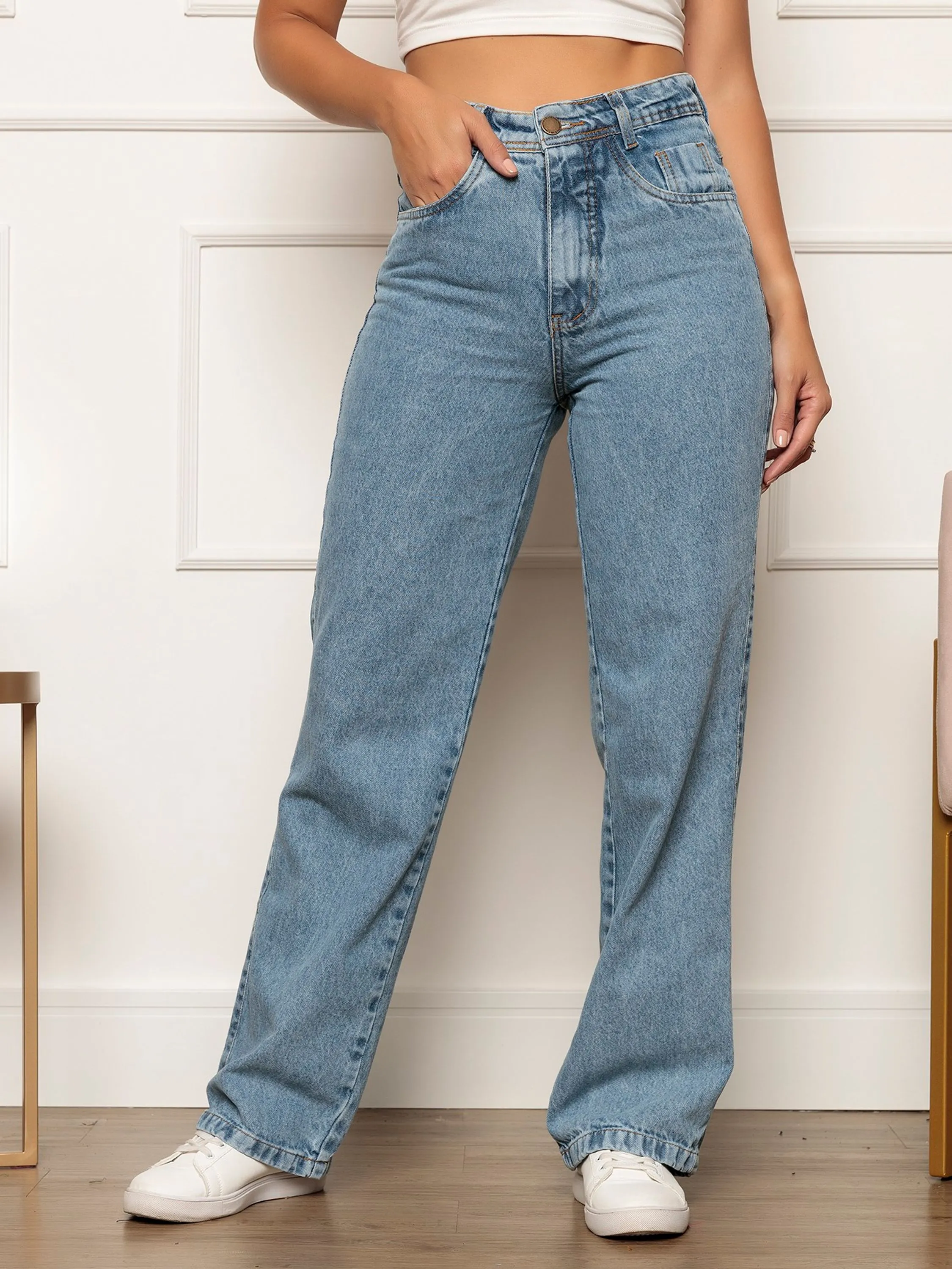 Wide Leg/Pantalona Feminina 100% Jeans Gaven Marmorizada Média