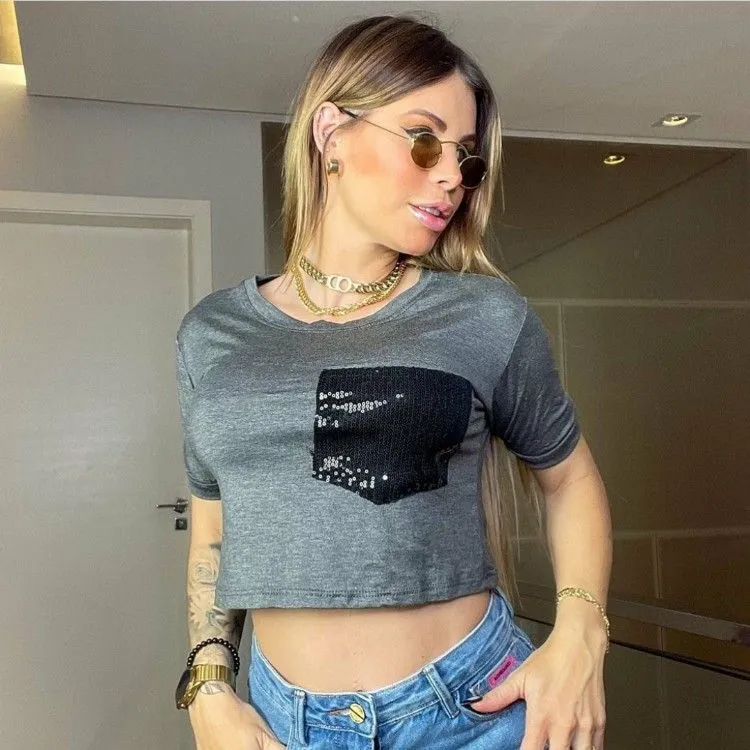 Blusa Cropped com manga paette