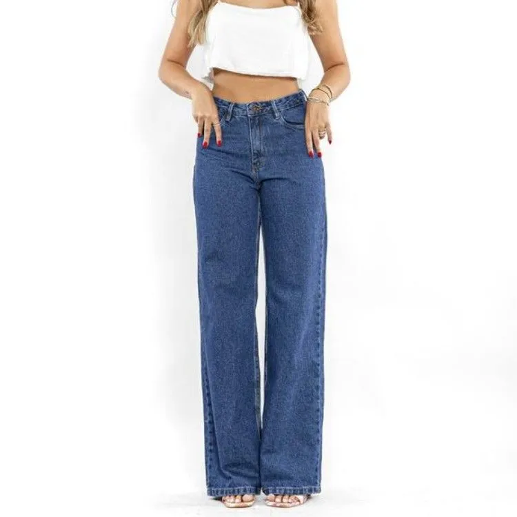 Calça Jeans Feminina Wide Leg Básica com Elastano 28000 Escura