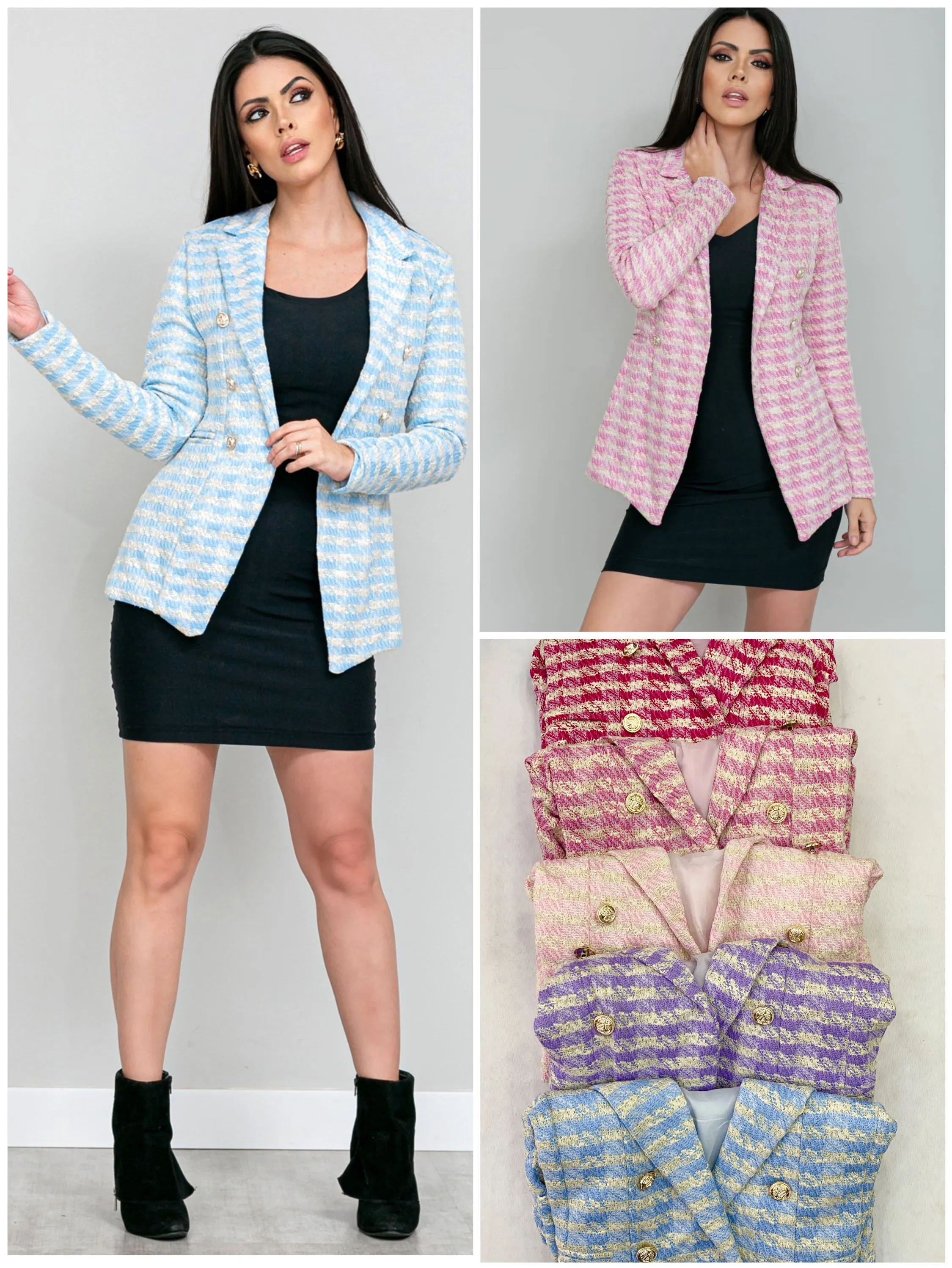 Blazer tweed feminina alongada , com forro #8010