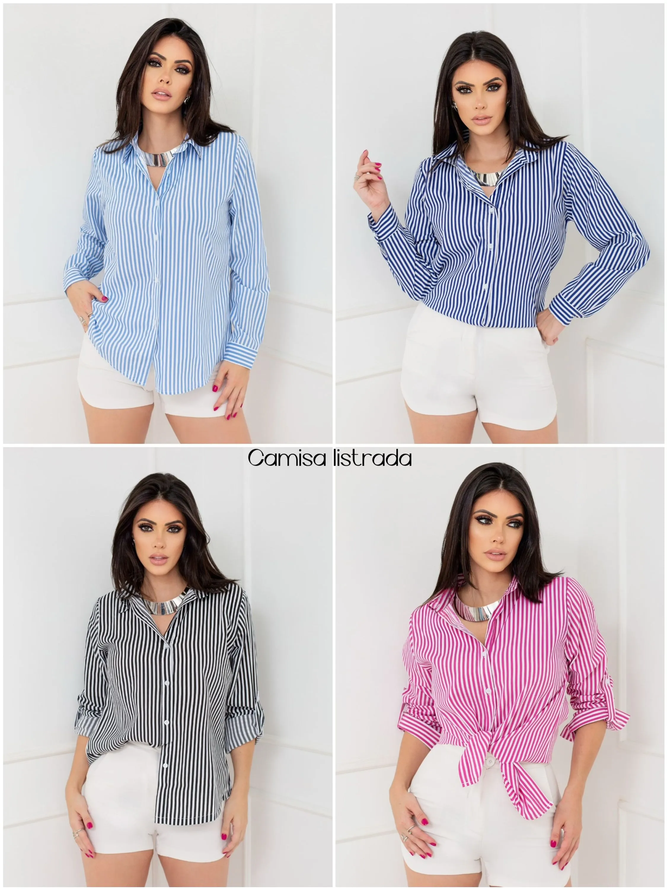 Camisa feminina listrada manga longa -Golden tulip