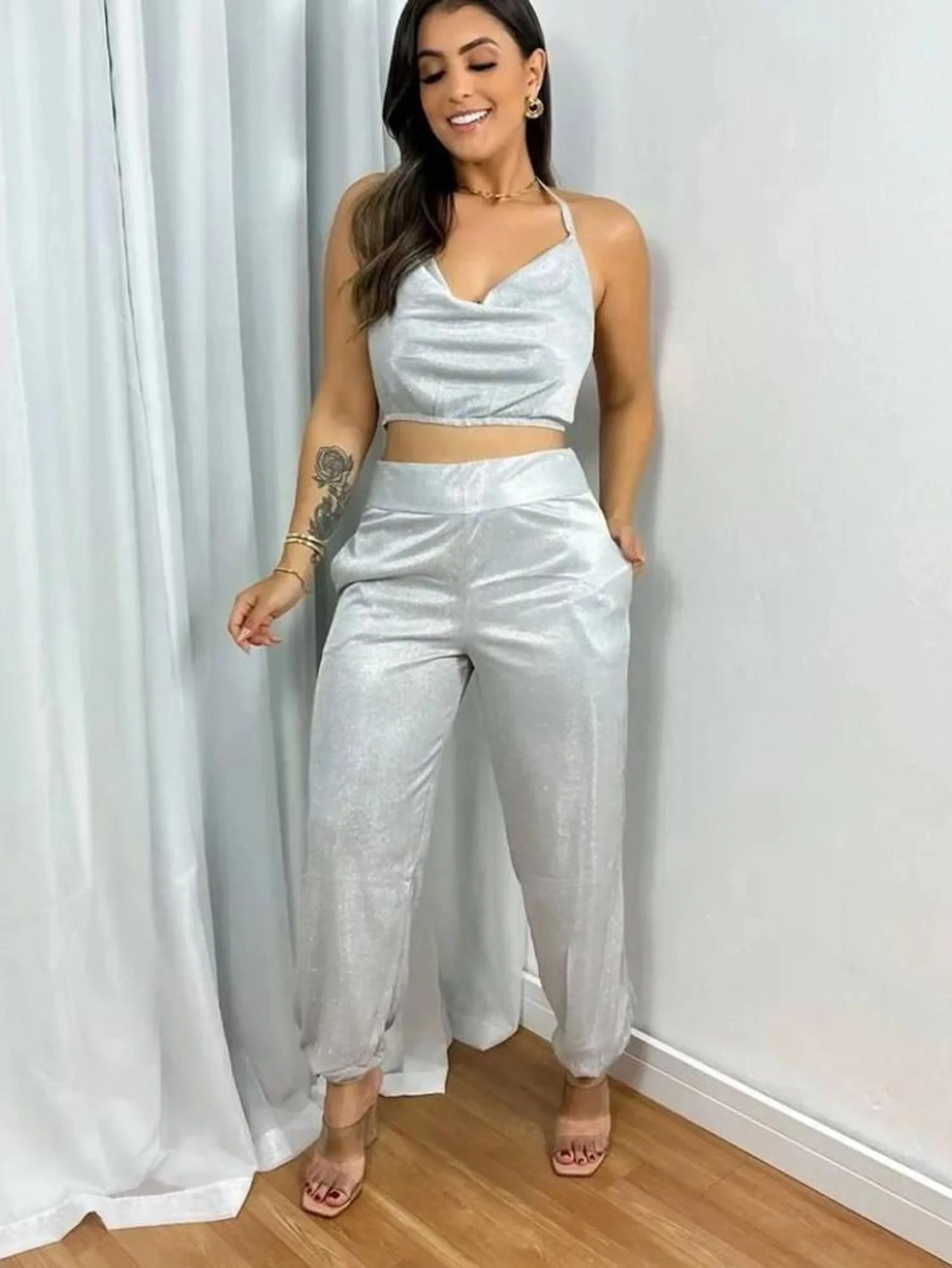 Conjunto cropped e calça com elástico na barra YY2346