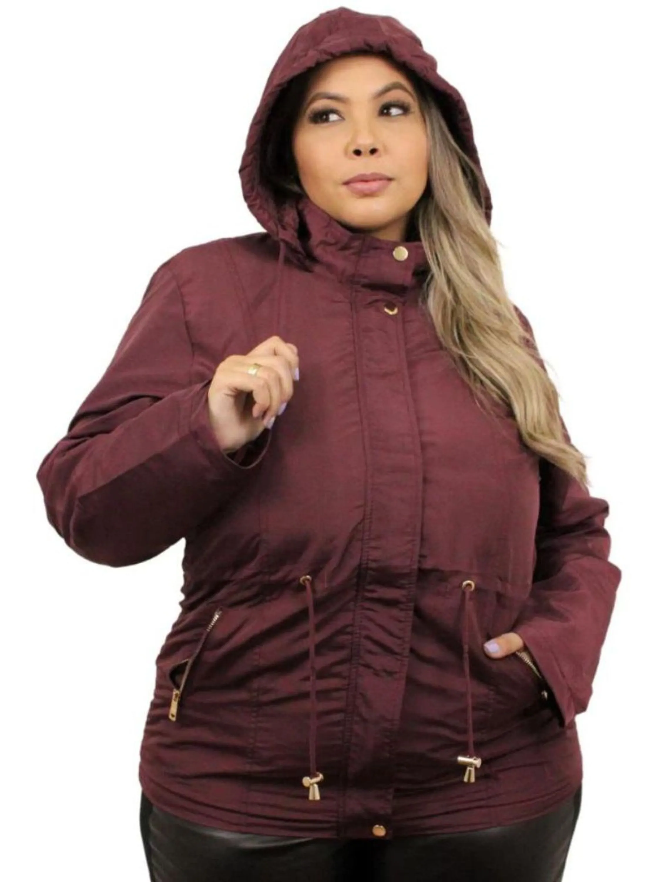 Parka feminina plus size toda forrada de pelinhos por dentro em tecido sarja com capuz removível