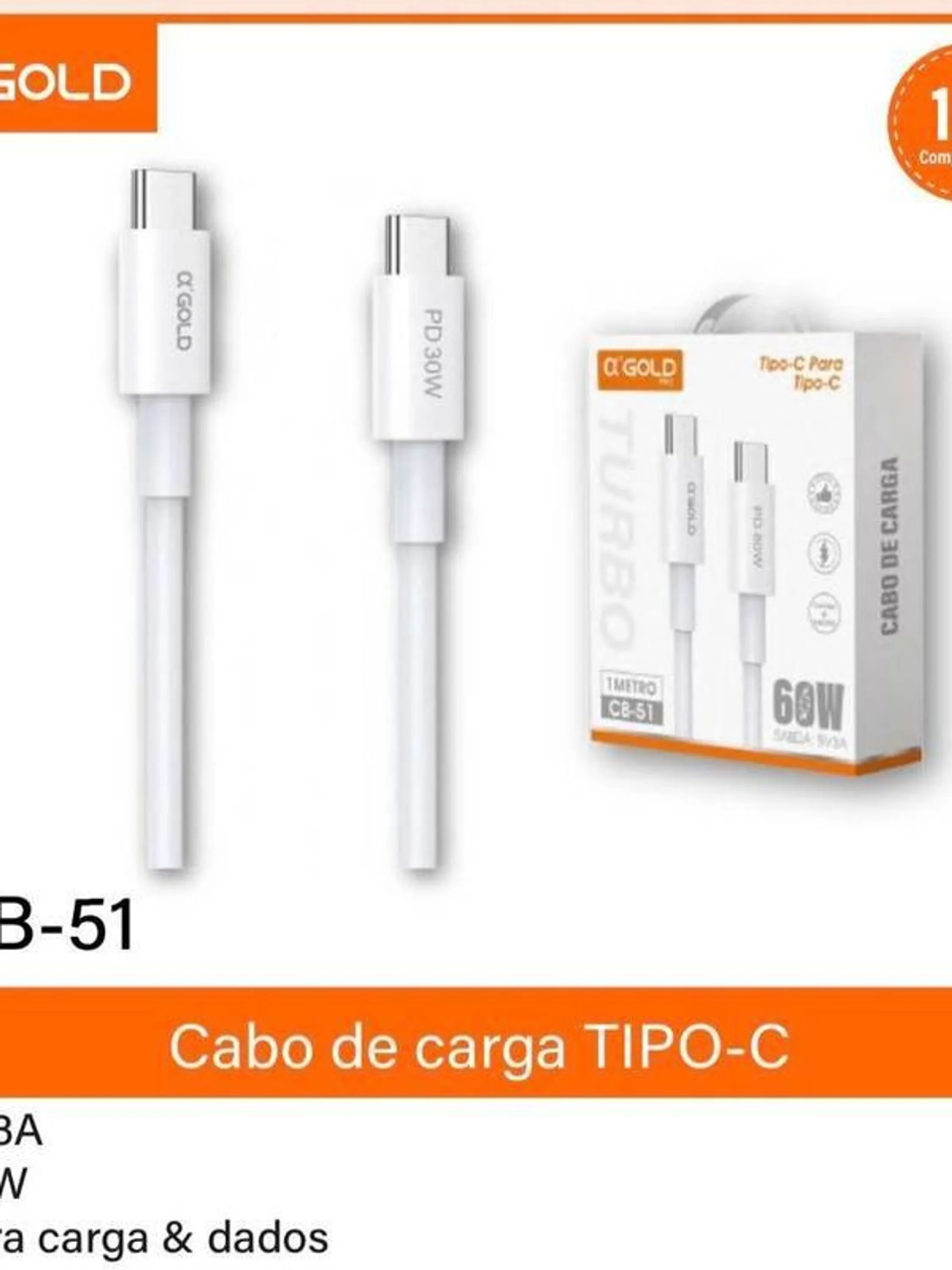 Cabo usb tipo c type-c type-c Gold cb-51 turbo 9v3A