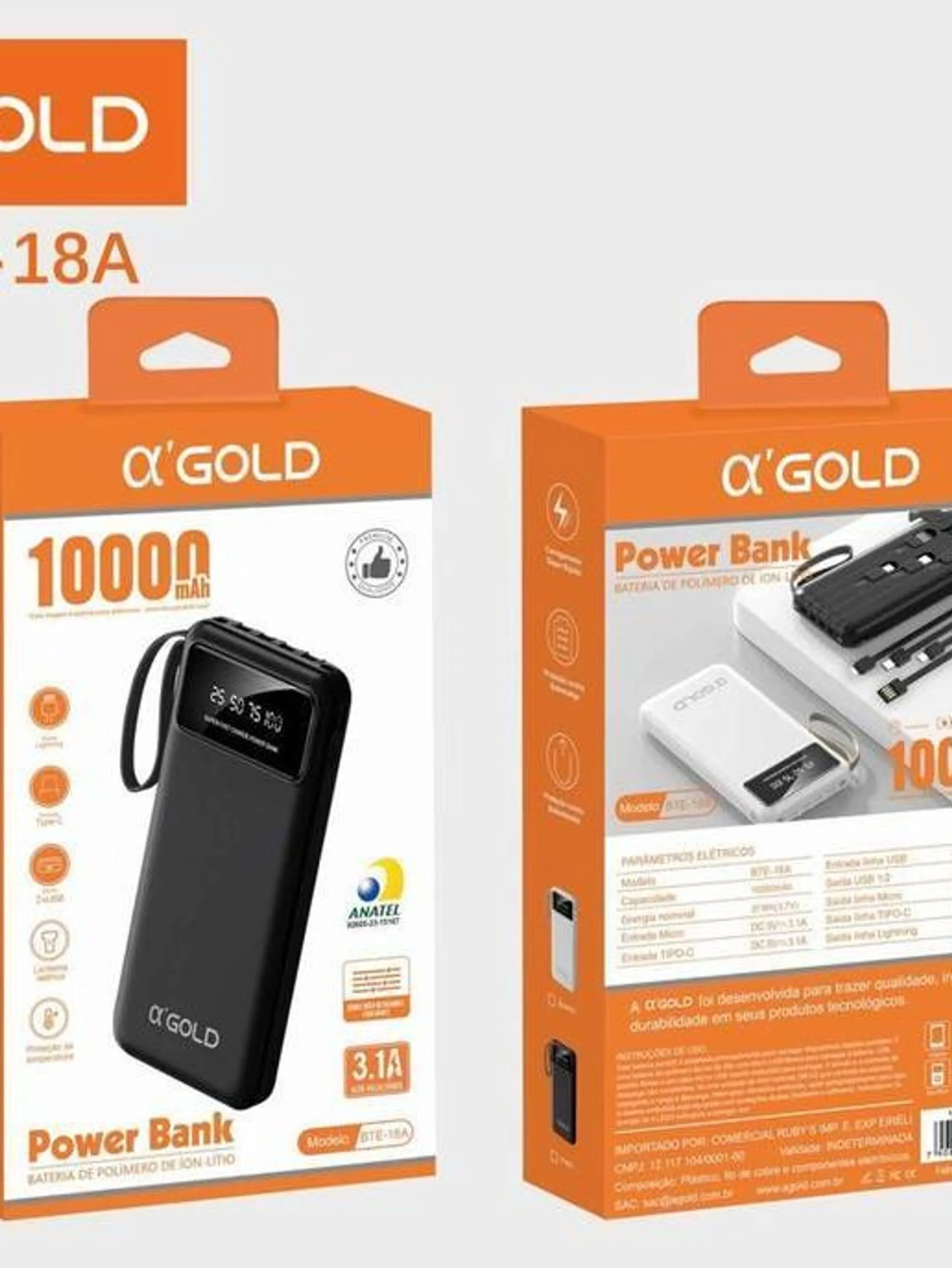 Carregador portatil 10.000 mAh Gold bte-18A turbo com visor e apoio para celular