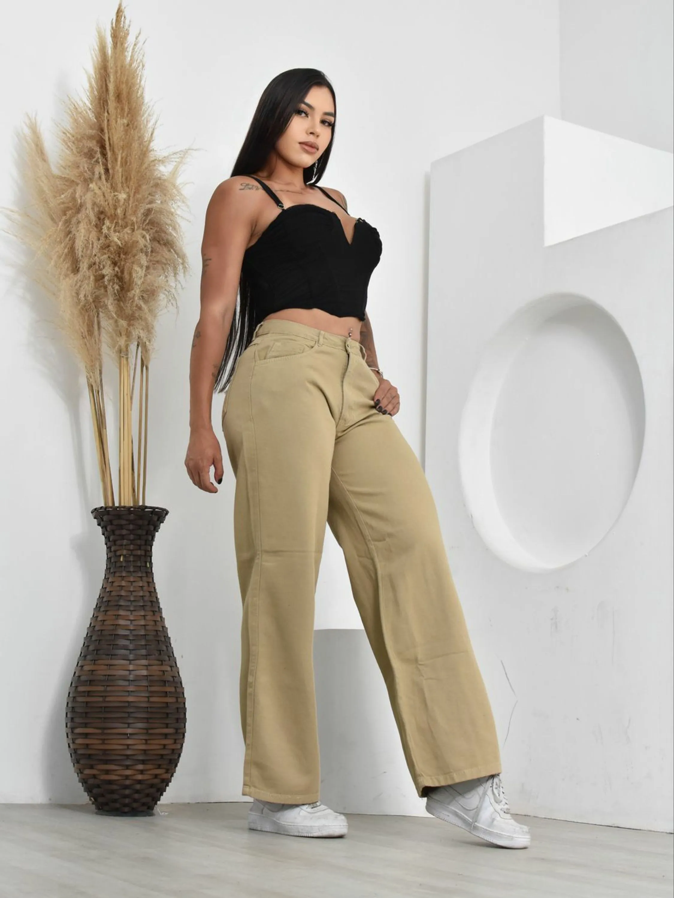 Wide leg cáqui jeans feminina