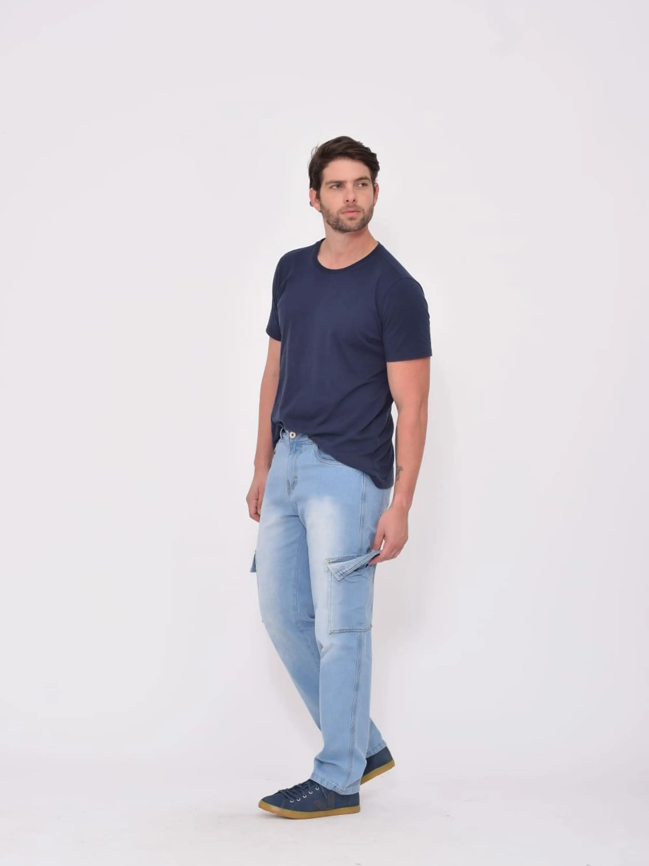 Calça jeans Cargo masculino lavagem clara