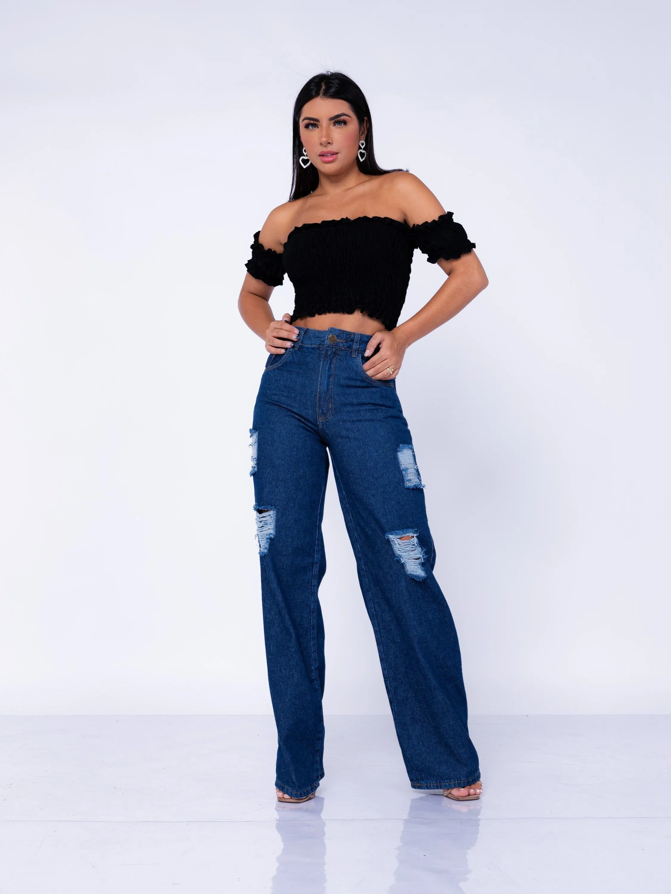 Calça jeans Wide leg feminina lavagem escuro Destroy