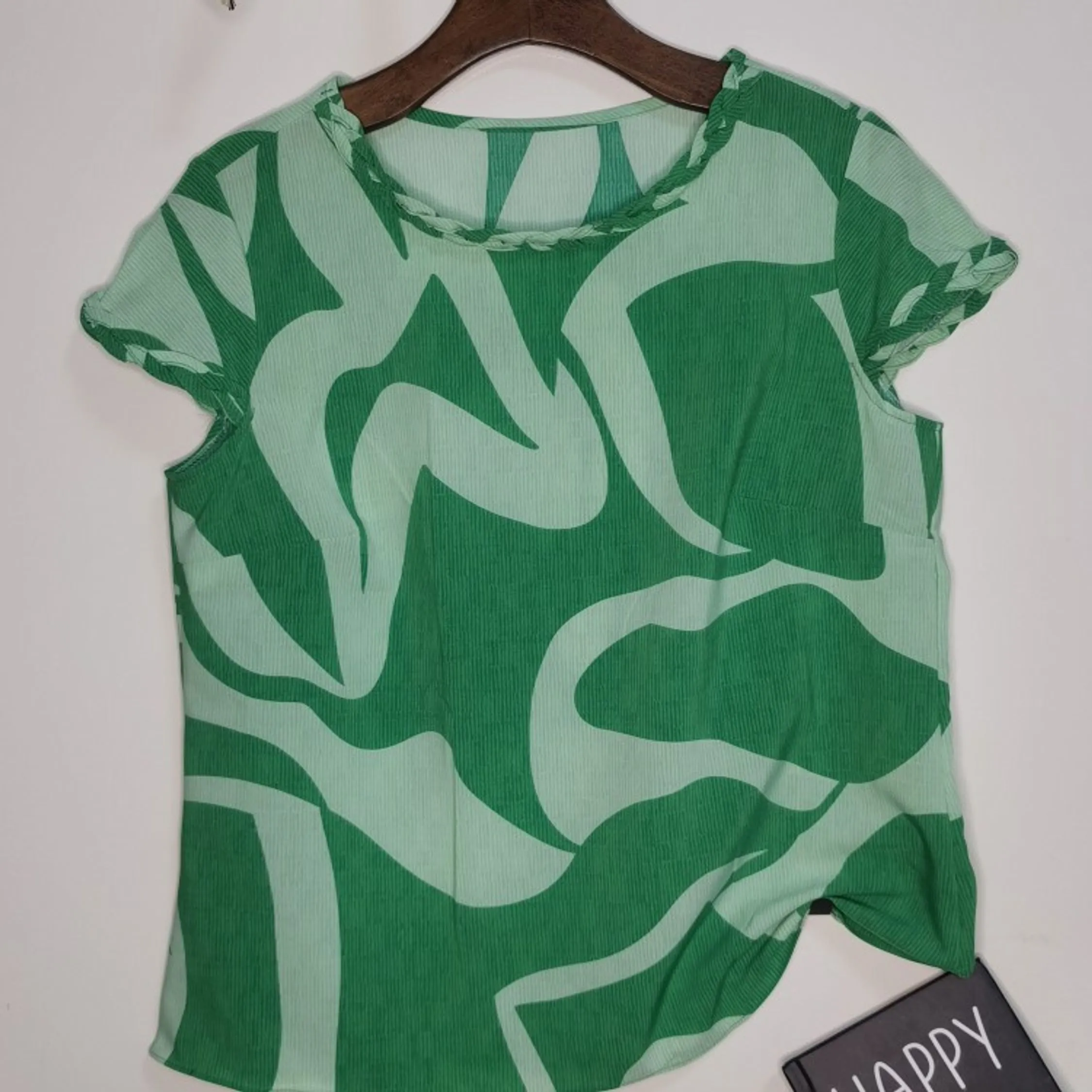 Blusa impressão geográfica gola redonda Trança elegante ao longo do decote e punhos#108