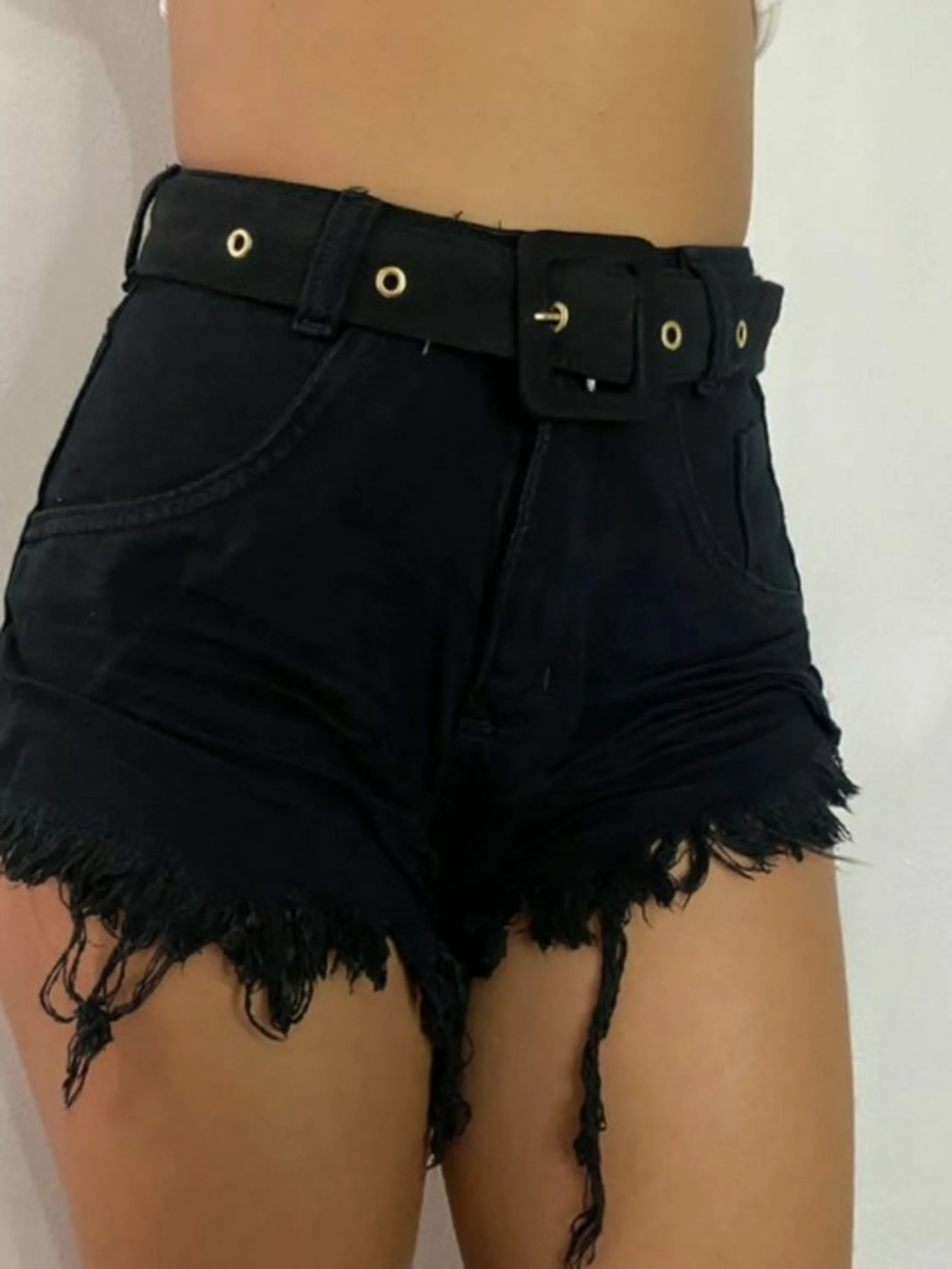 Shorts jeans sem lycracom cinto fivela encapa