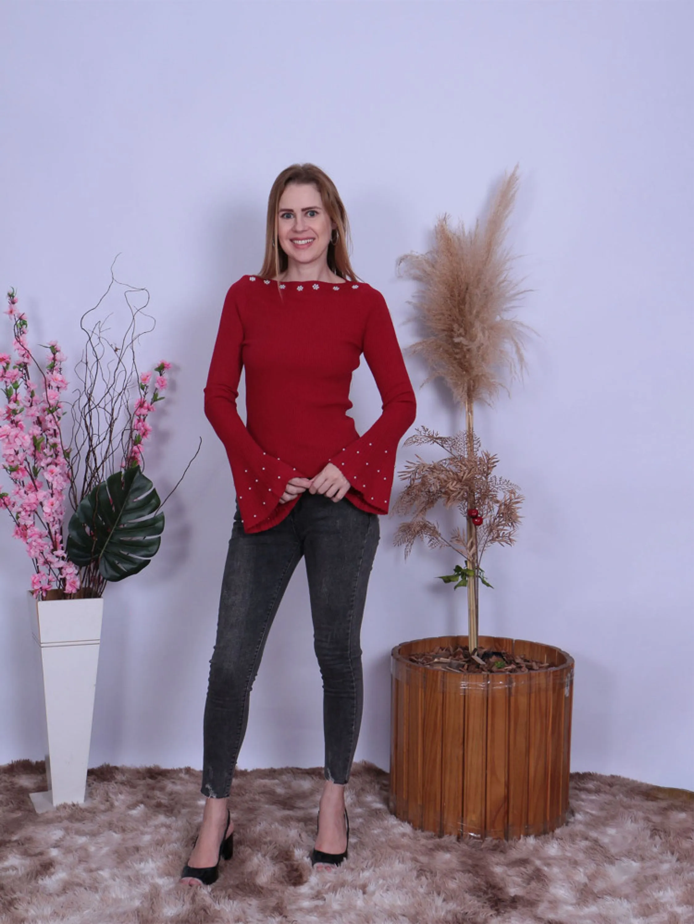 Blusa de inverno suéter com pérola moda