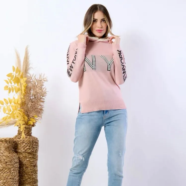 Blusa de frio manga longa NY com capuz de touca pelúcia