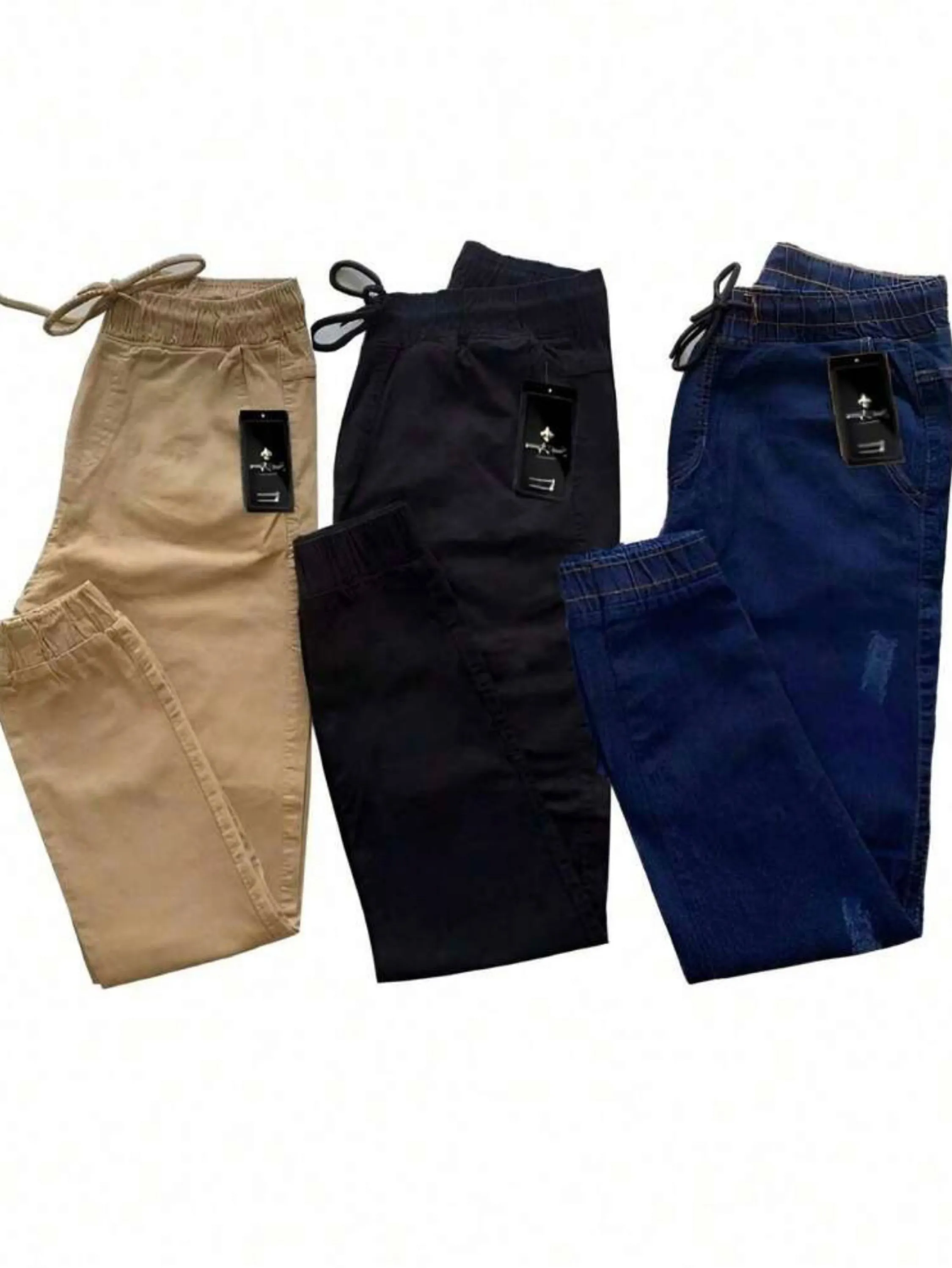 Calça jogger masculino de sarja jeans com punho e com cortão de regulagem