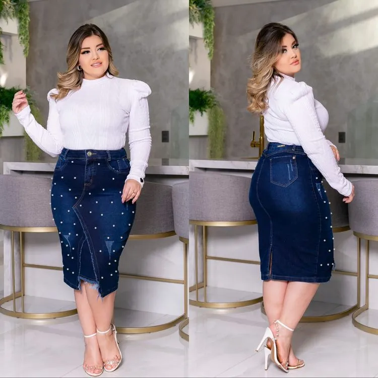 Saia Jeans com Pérolas