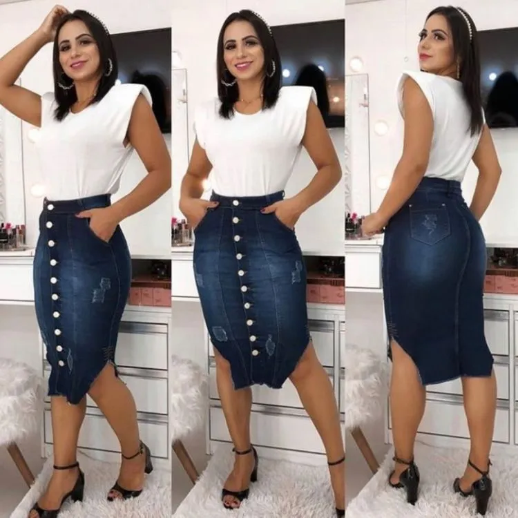 Saia Midi Jeans com Botões