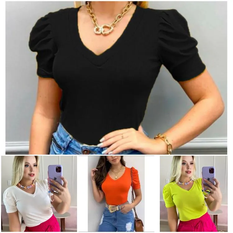 Blusa gola V manga princesa