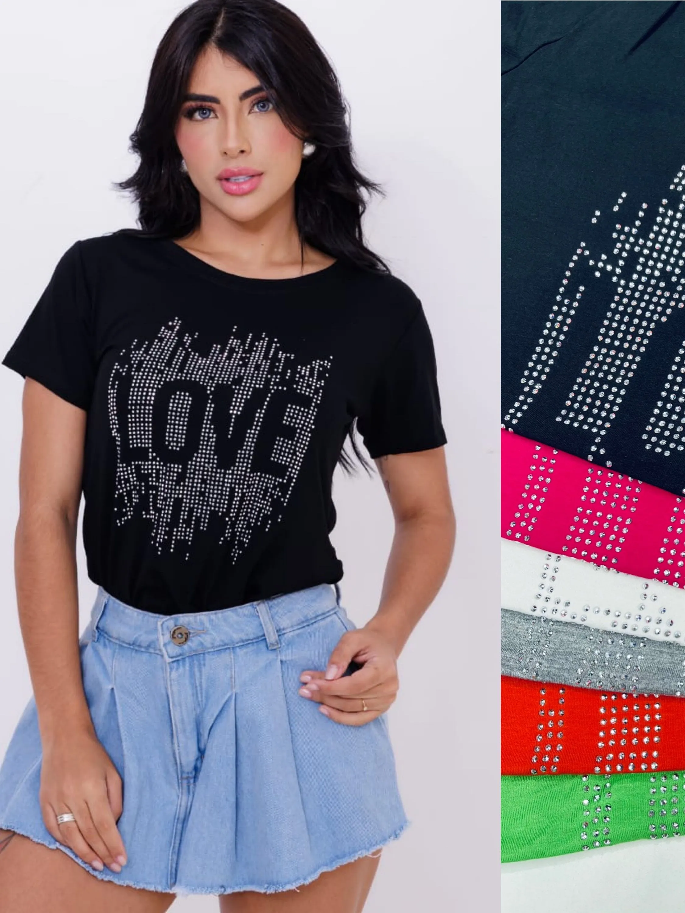 Blusa manga curto love  com pedraria