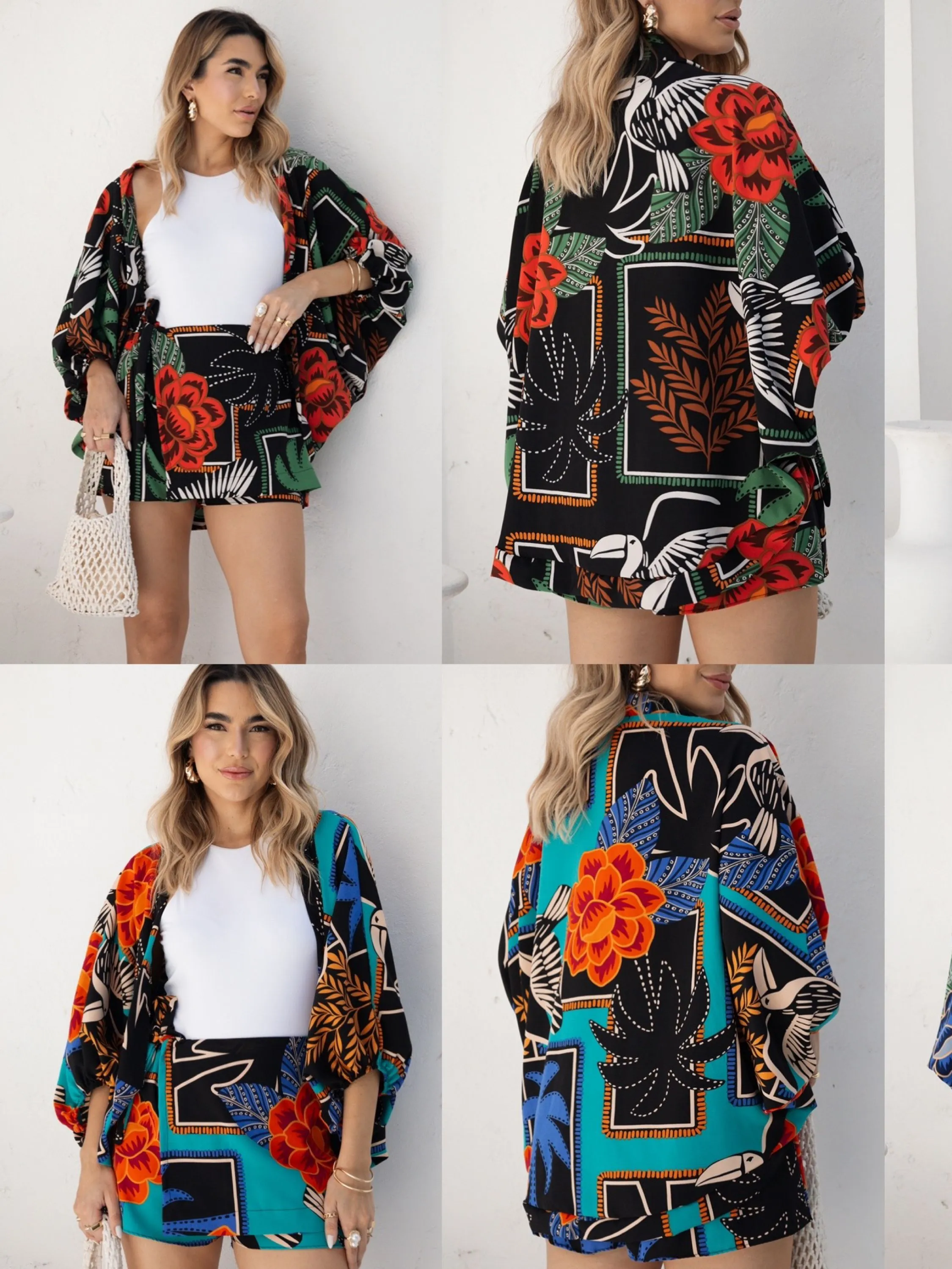 Conjunto 2 pc  feminino ( kimono + short saia )   , atacado: 45 reais//// estampa- flores, folhas, pássaros. tecido crepinho , tamanho U veste 42