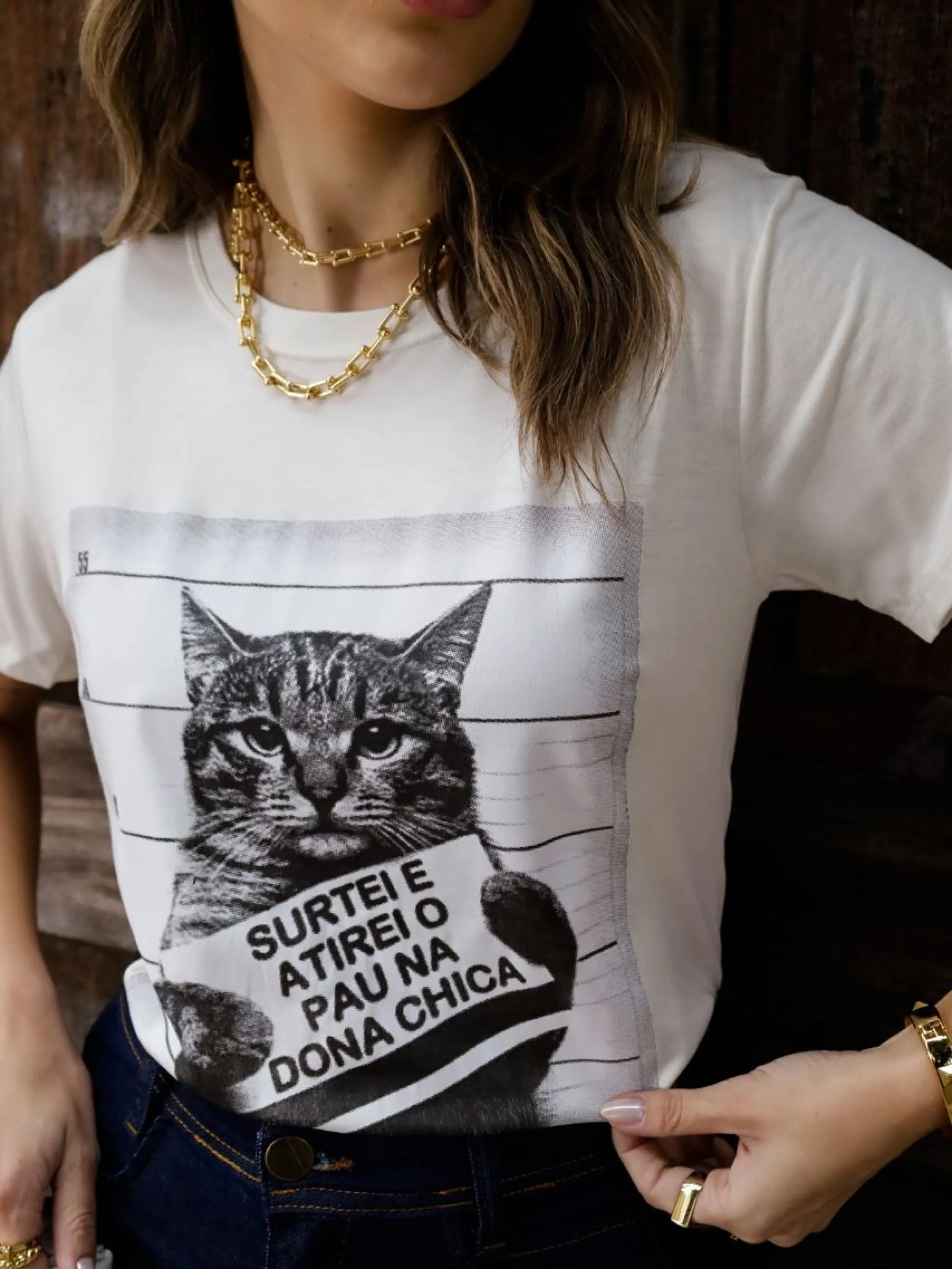 Blusa manga curto feminina básica estampa gato