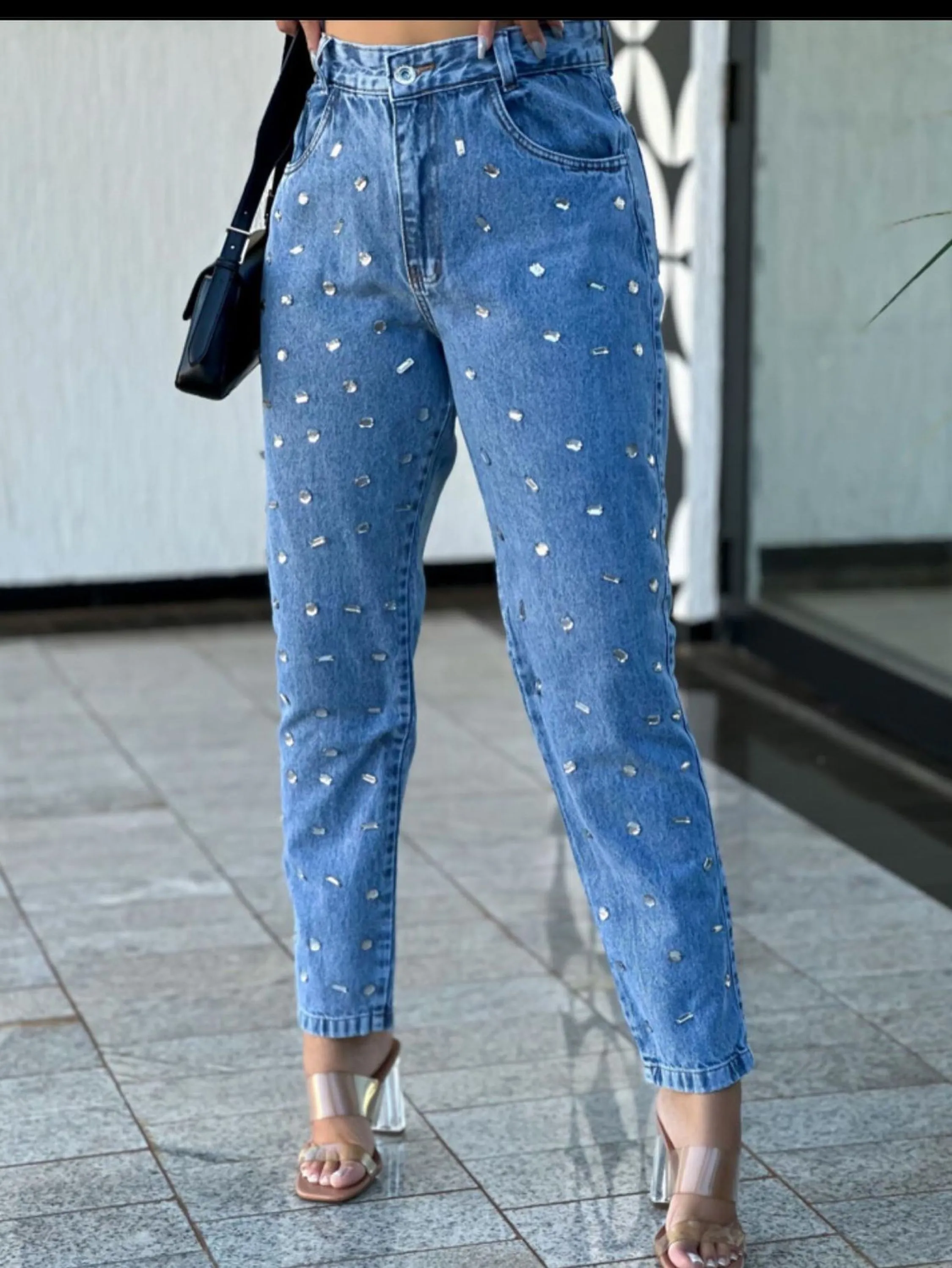 5007 calça jeans feminina com bolsa com brilho