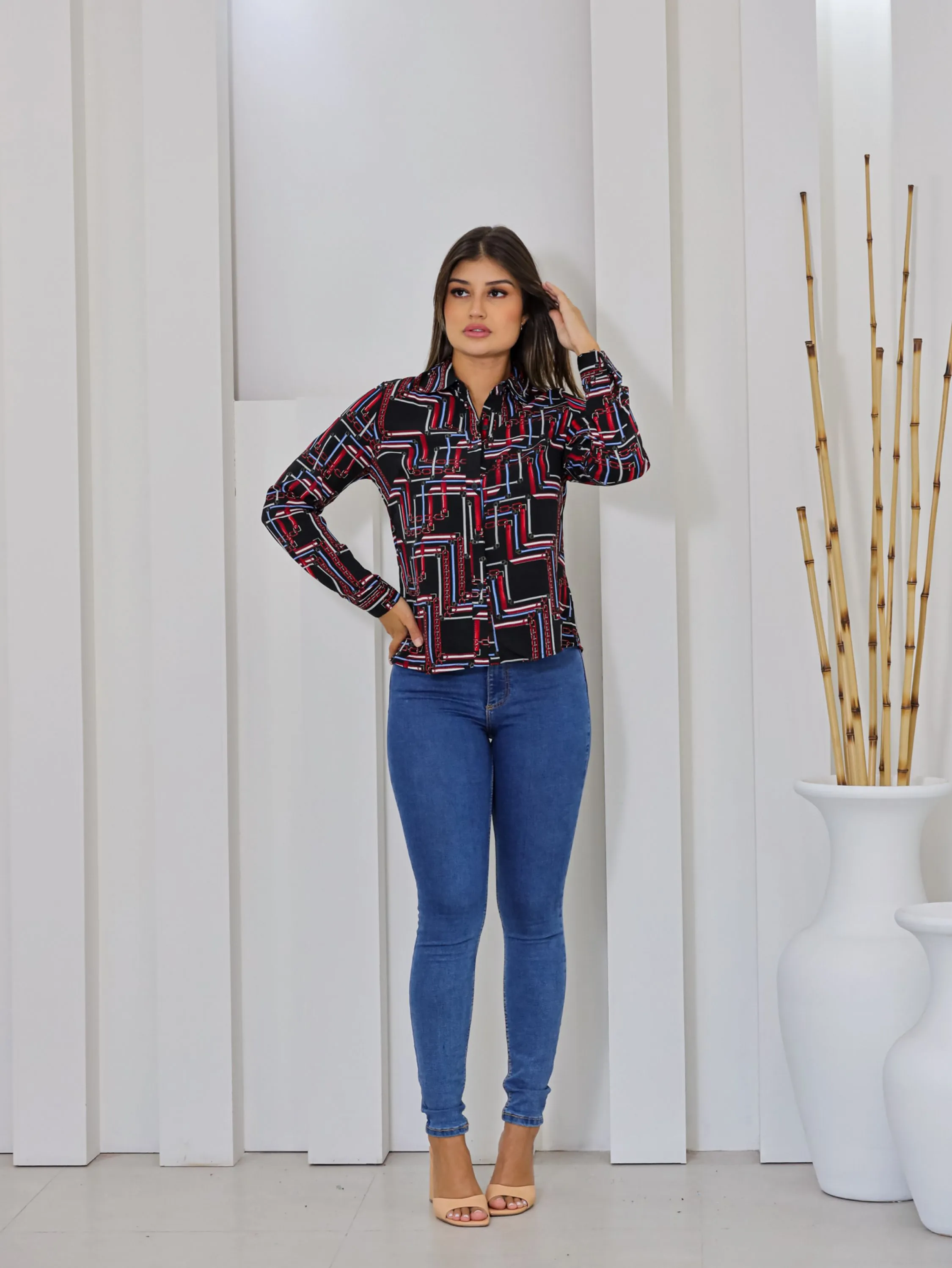 Mulheres Tops e Blusa Camisa de Manga Longa Das Mulheres de Impressão Geométrica camisa Senhoras Blusa de Seda Azul Royal Gola Virada Para Baixo Das Mulheres topos