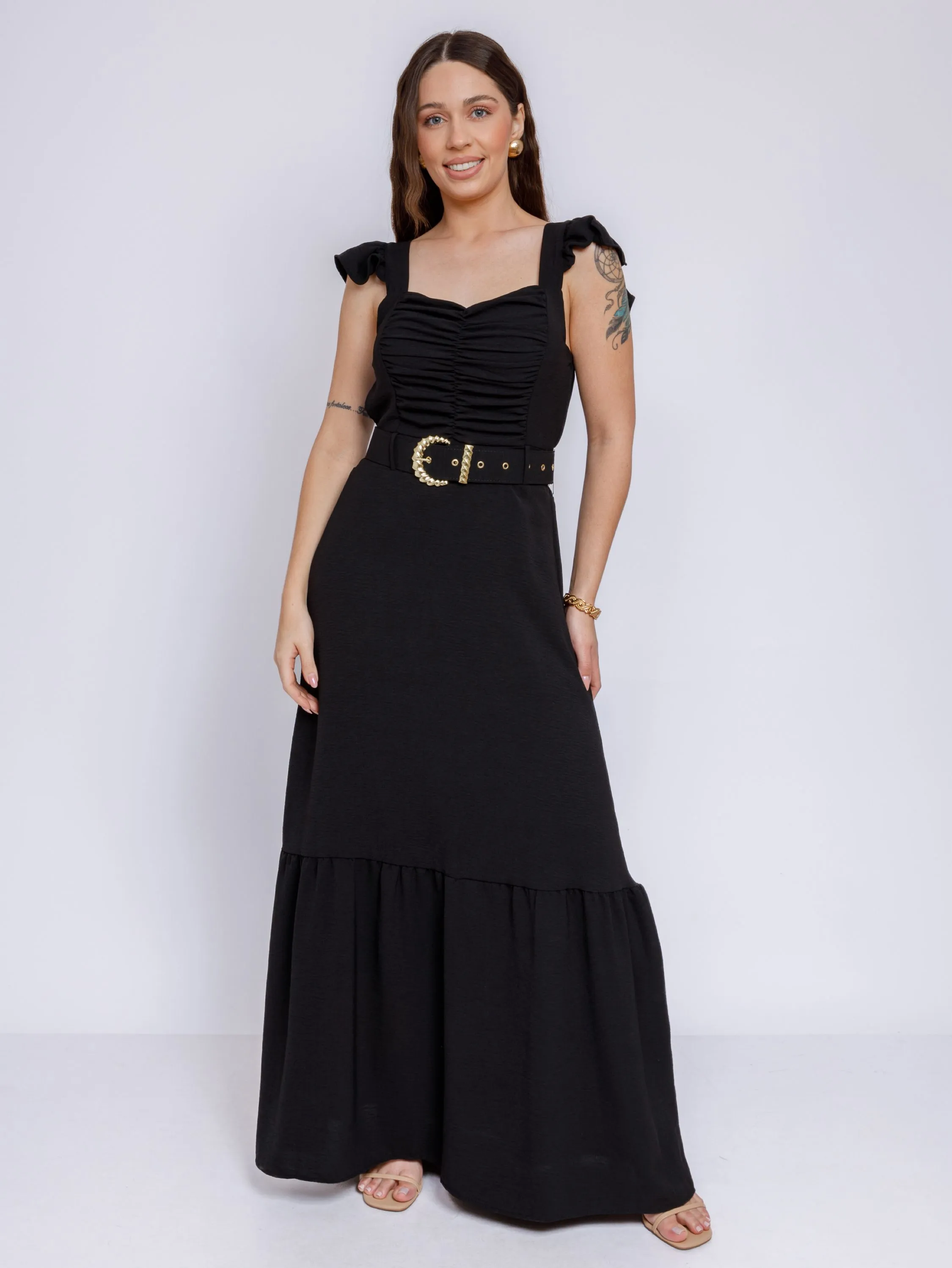 vestido feminina long de duna com cinto