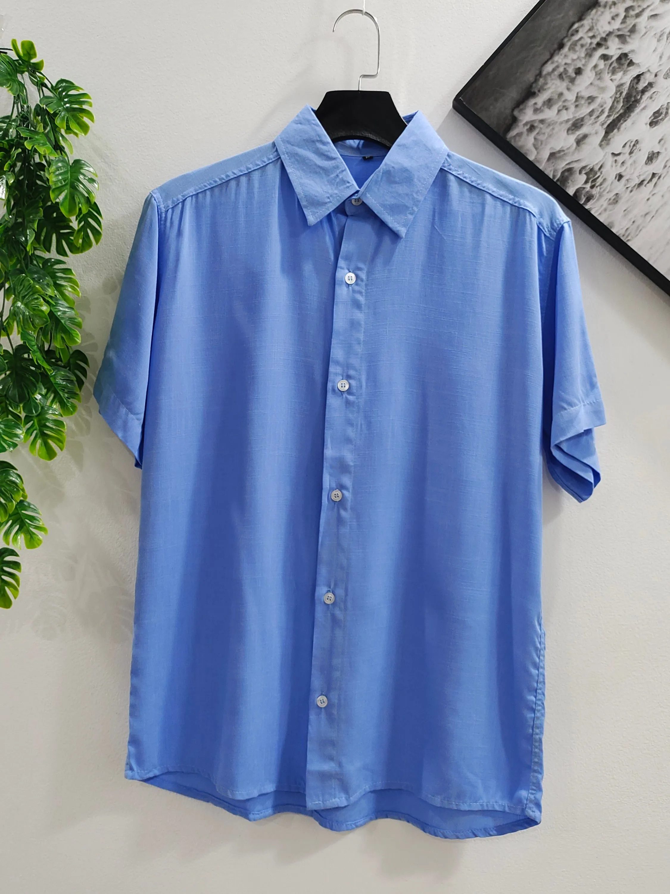 Camisa lisa Havaiana Praia Verão Masculino Manga Curta De Botão Tecido Viscose