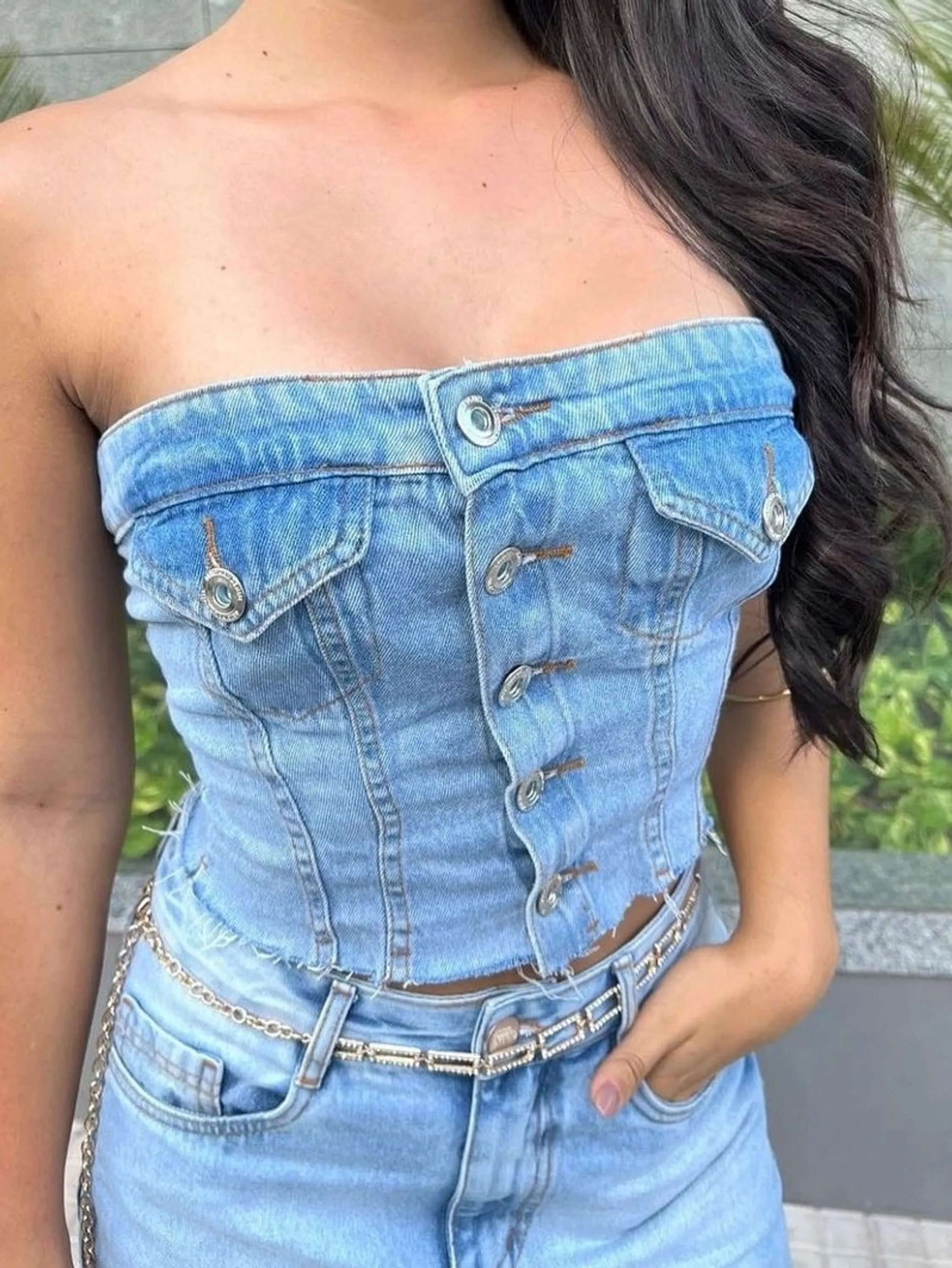 Cropped jeans botão