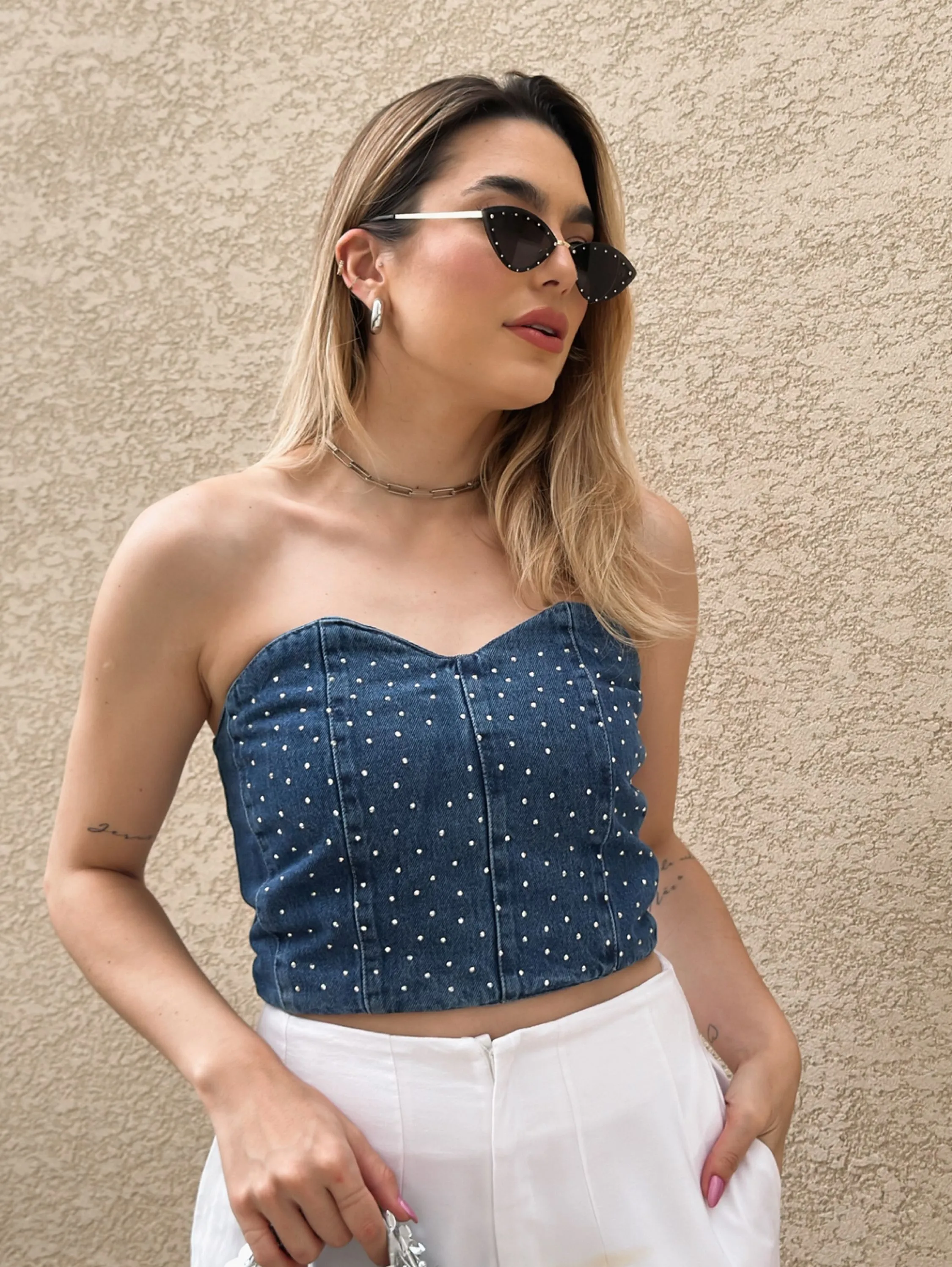 Top faxa jeans com strass linda bella