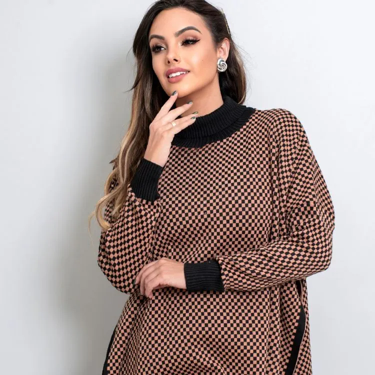 Poncho xadrez tricô inverno feminina