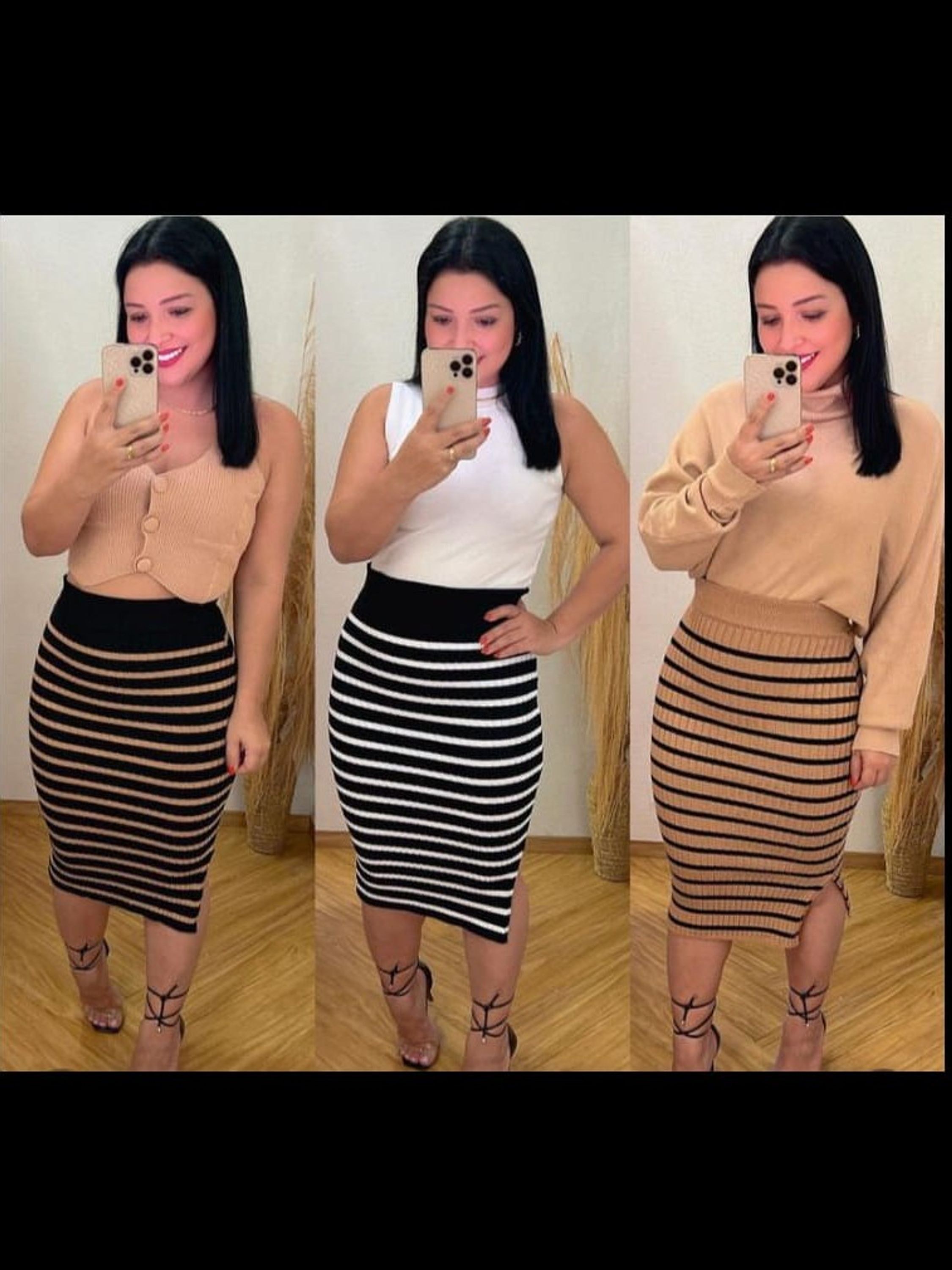 Novidade saia midi com listras e fenda lateral