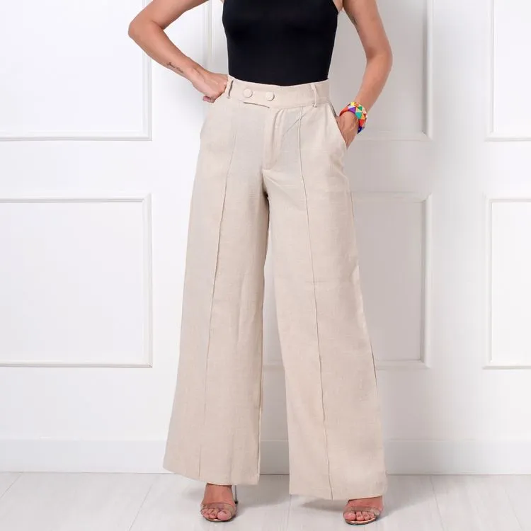 Calça linho feminina pantalona frente com botão