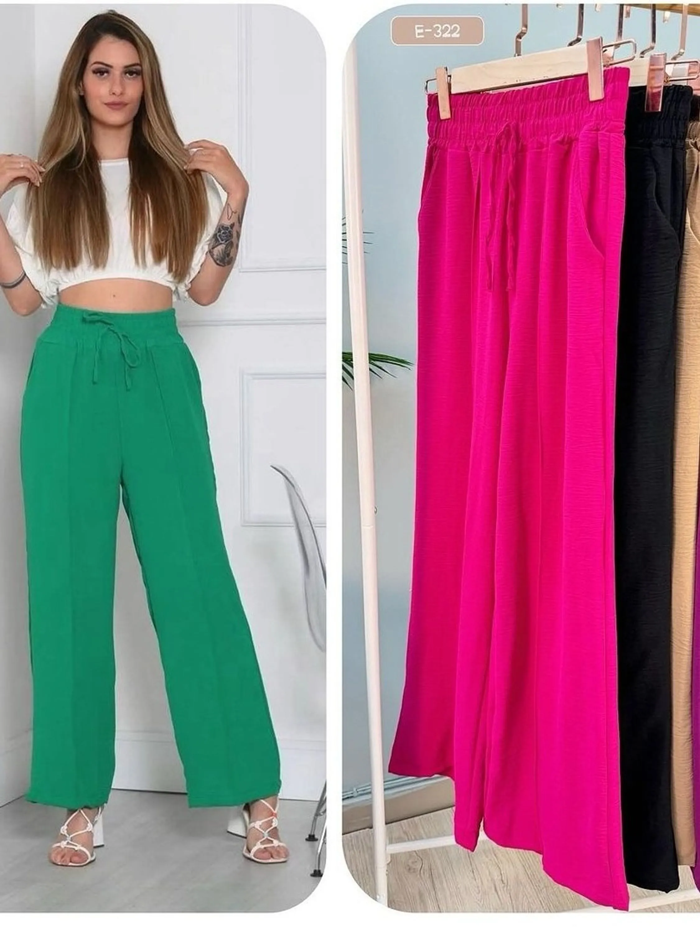 Calça pantalona duna com detalhe listras e bolso feminino