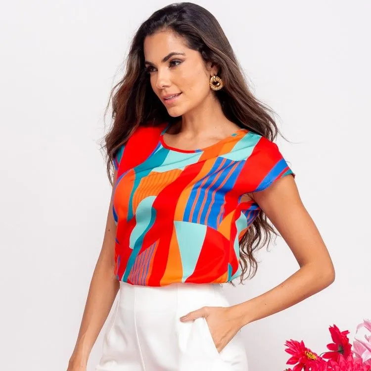 Blusa feminina manga curta Bicolores moda Primavera é verão