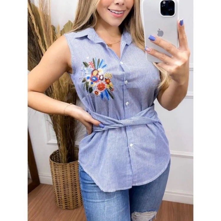 blusa feminina camiseta de botões e amarração regata listra L2081