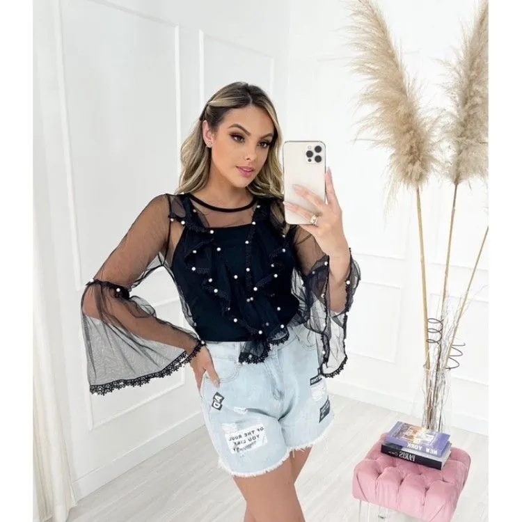 Blusa feminina de tule renda com pérolas transparente vem com forro W8228