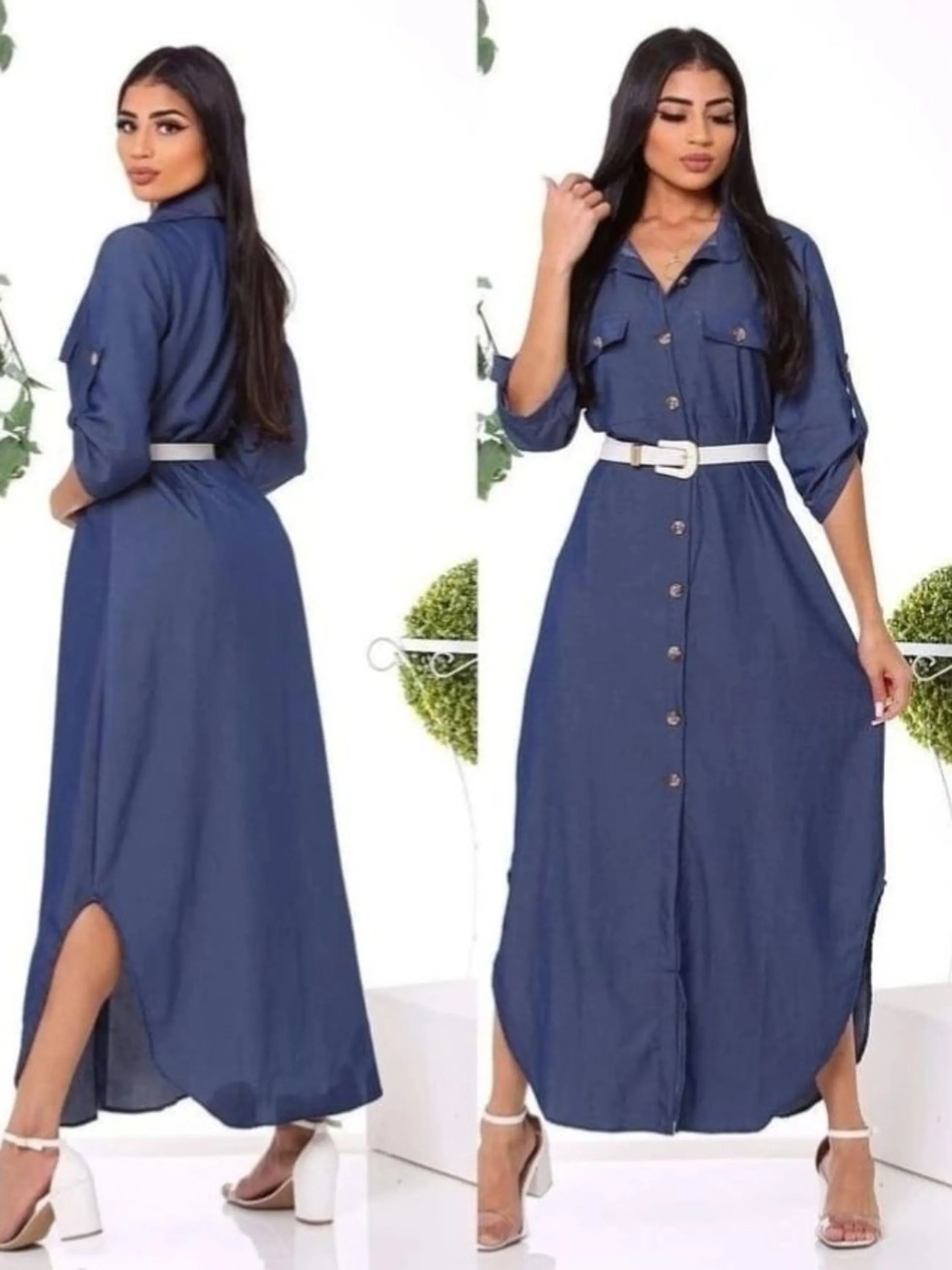 Vestido chamise longo em tecido chambray (indigo jeans )