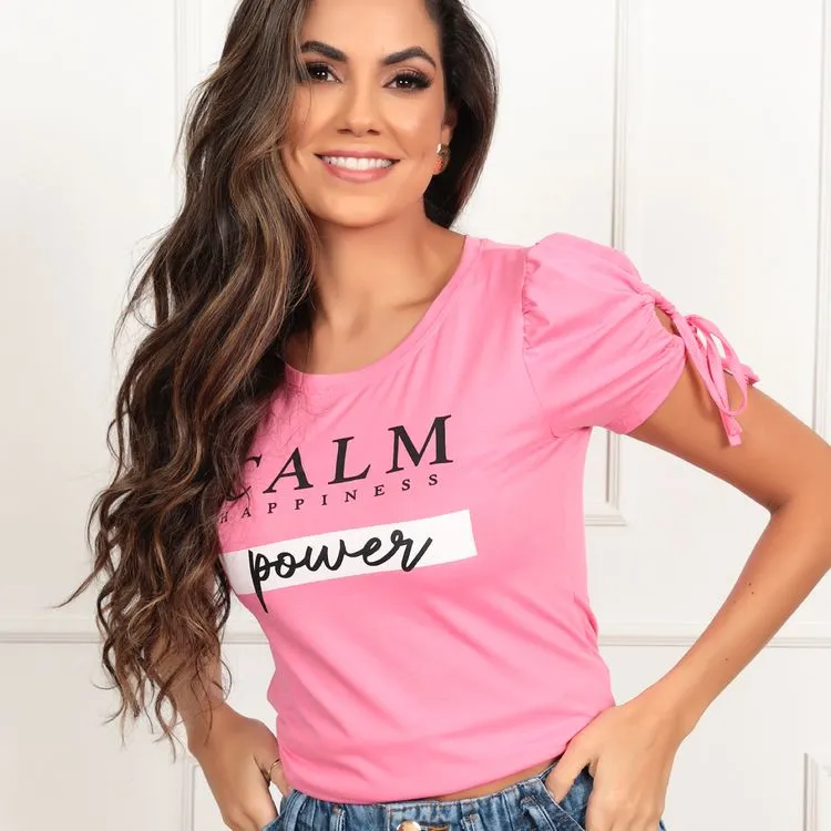 Camiseta feminina estrada amarração na manga princesa W2058